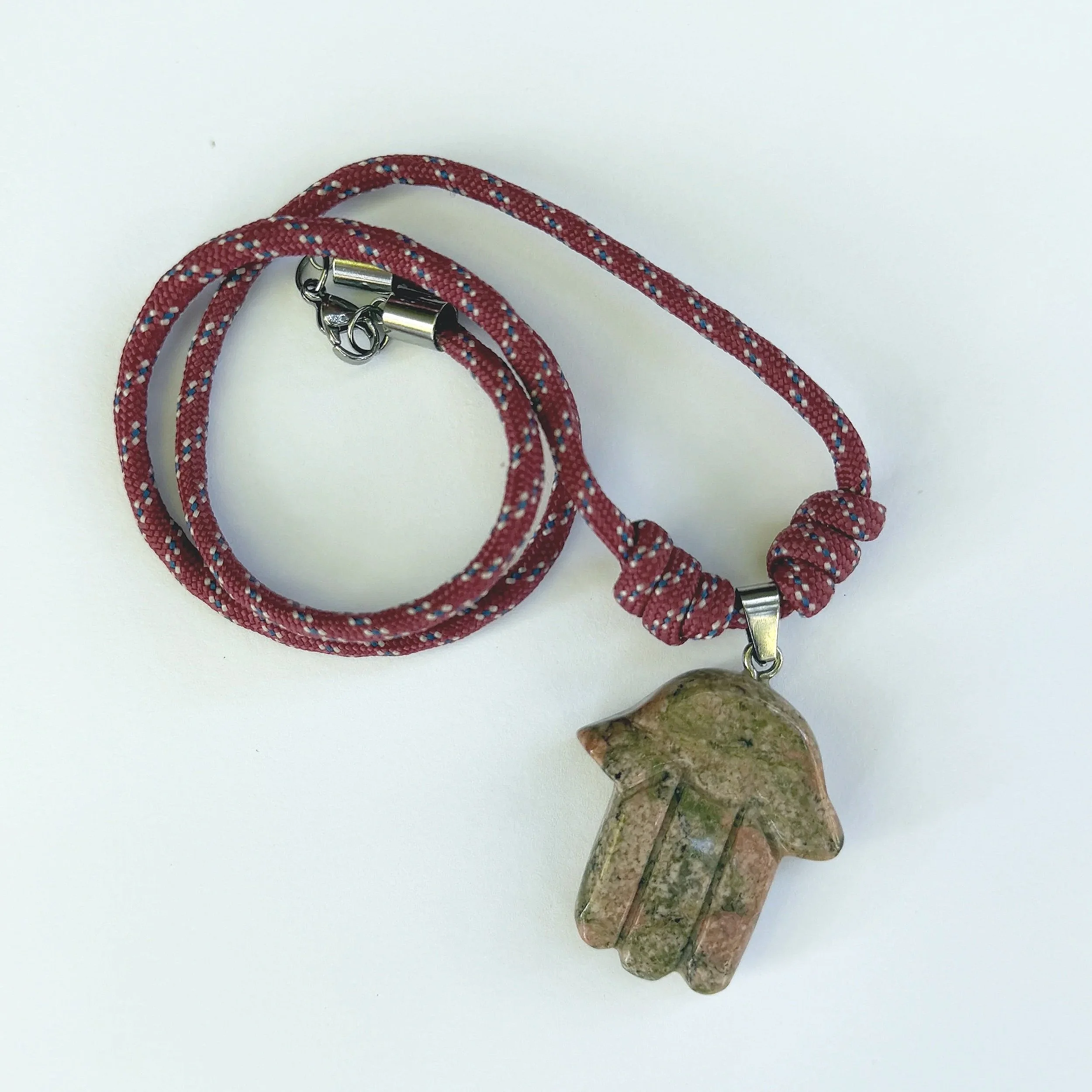 Paracord Hamsa Charm Necklace - Burgundy Natural Unakite