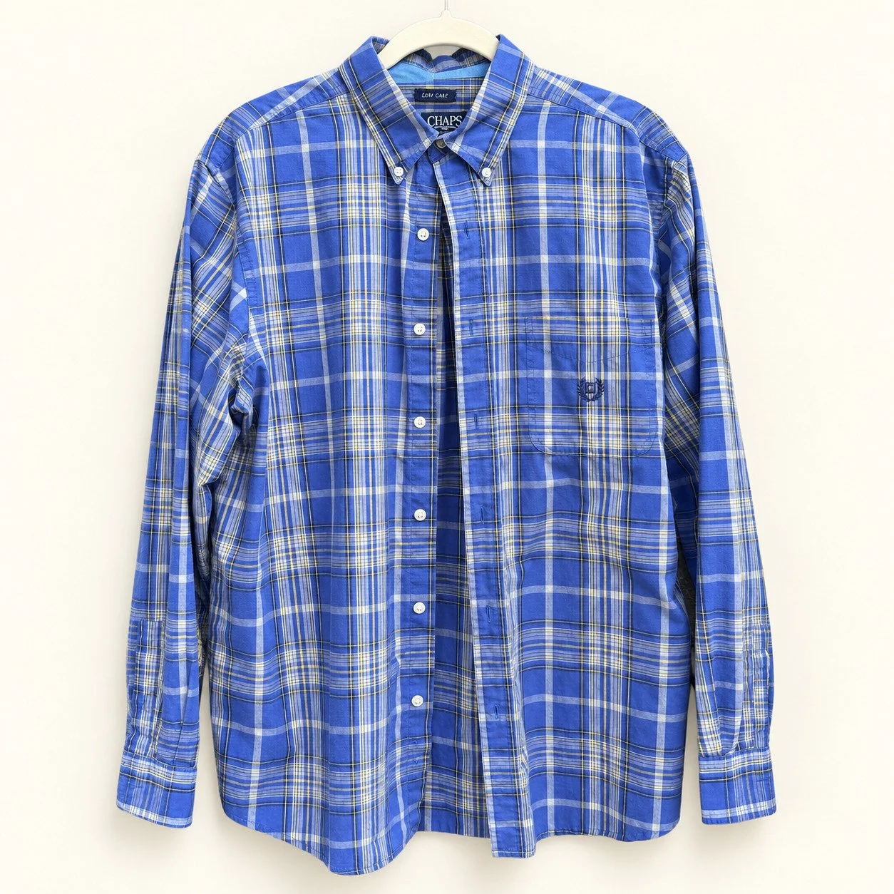 Vintage Chaps Blue & Yellow Plaid Button-Down (Embroidered Crest Logo, Poly-Cotton Blend)