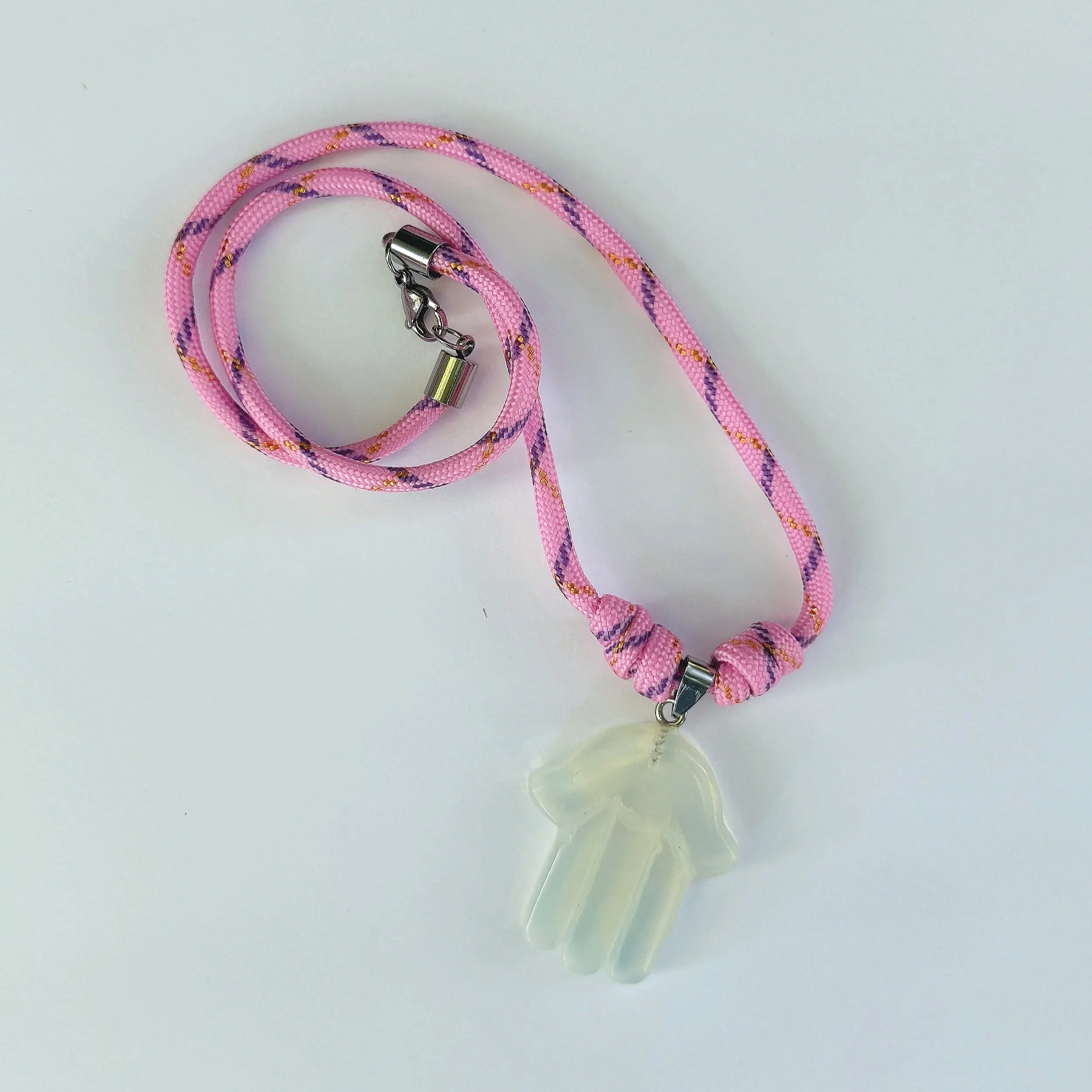 Paracord Hamsa Charm Necklace - Neon Bubblegum Opal