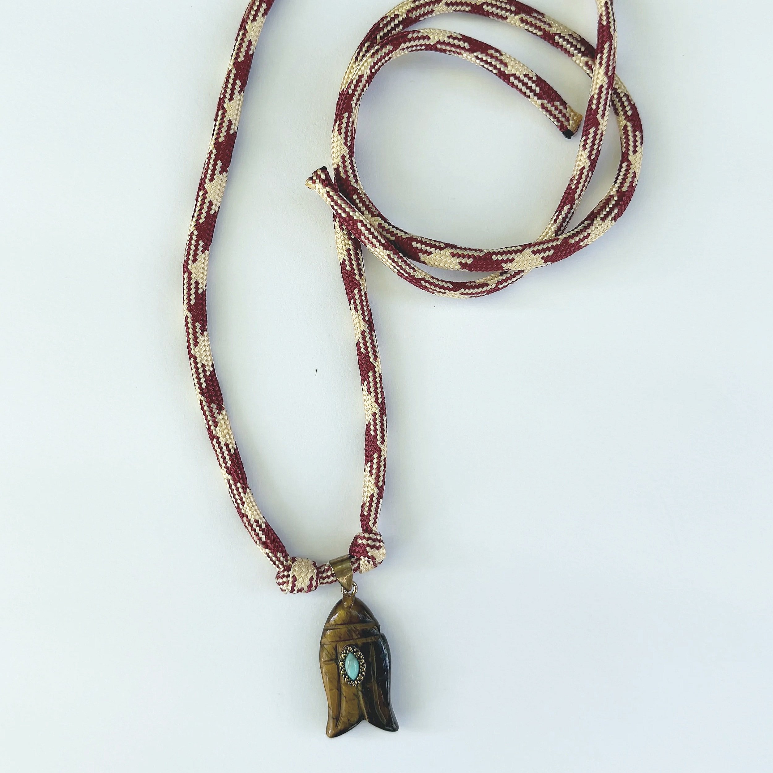 Paracord Fish Charm Necklace - Burgundy Tiger's Eye