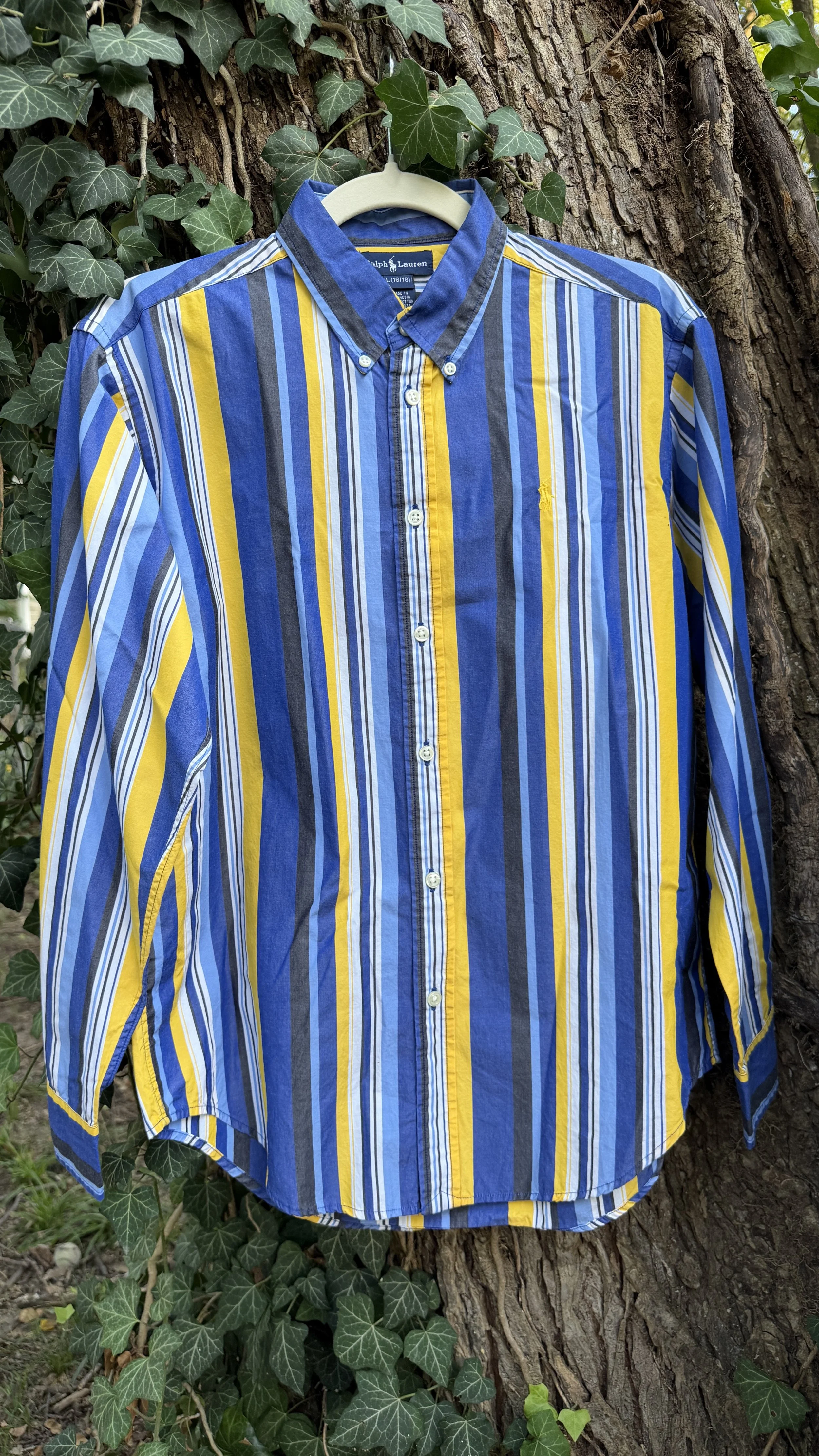 Vintage Ralph Lauren Blue & Yellow Multi-Stripe Button-Down (Youth Boys, size L/16-18)