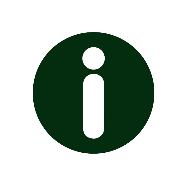 A dark green circular icon with a white lowercase letter 'i' in the center, indicating information.
