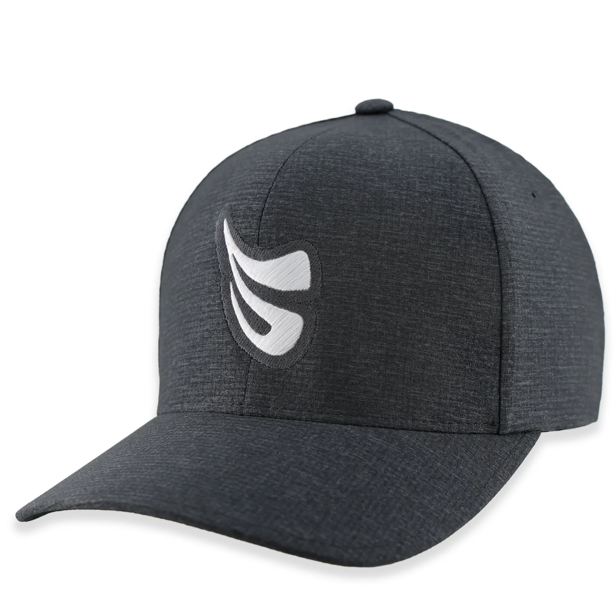Dark heather grey Small/Medium size Flexfit fullback golf hat in a 3/4 angled view, featuring a white Schwing 'S' logo with a dark grey border embroidered on the front.