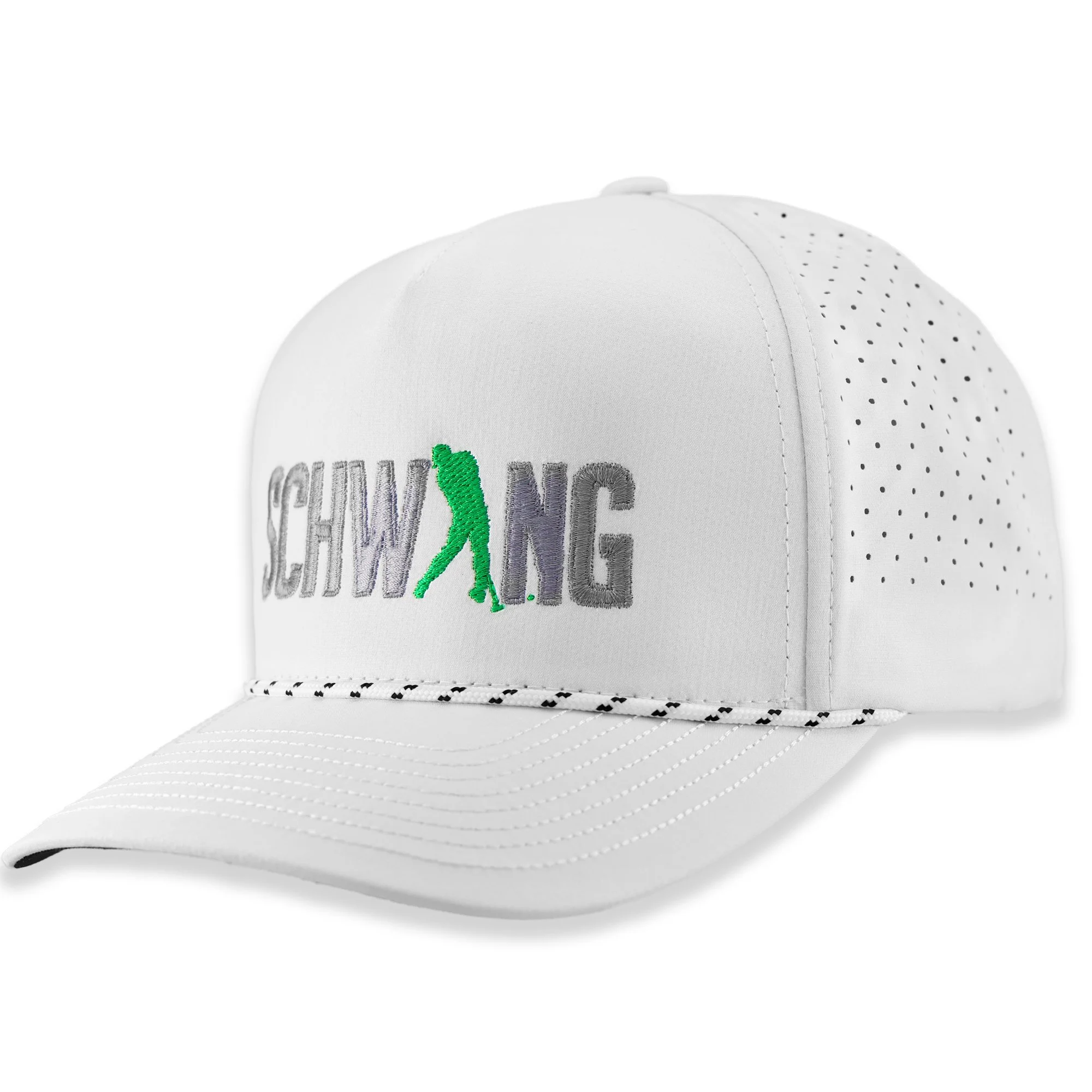 White Flexfit rope golf hat in a 3/4 angled view, featuring a braided rope across the bill and the classic Schwing logo embroidered in gray.