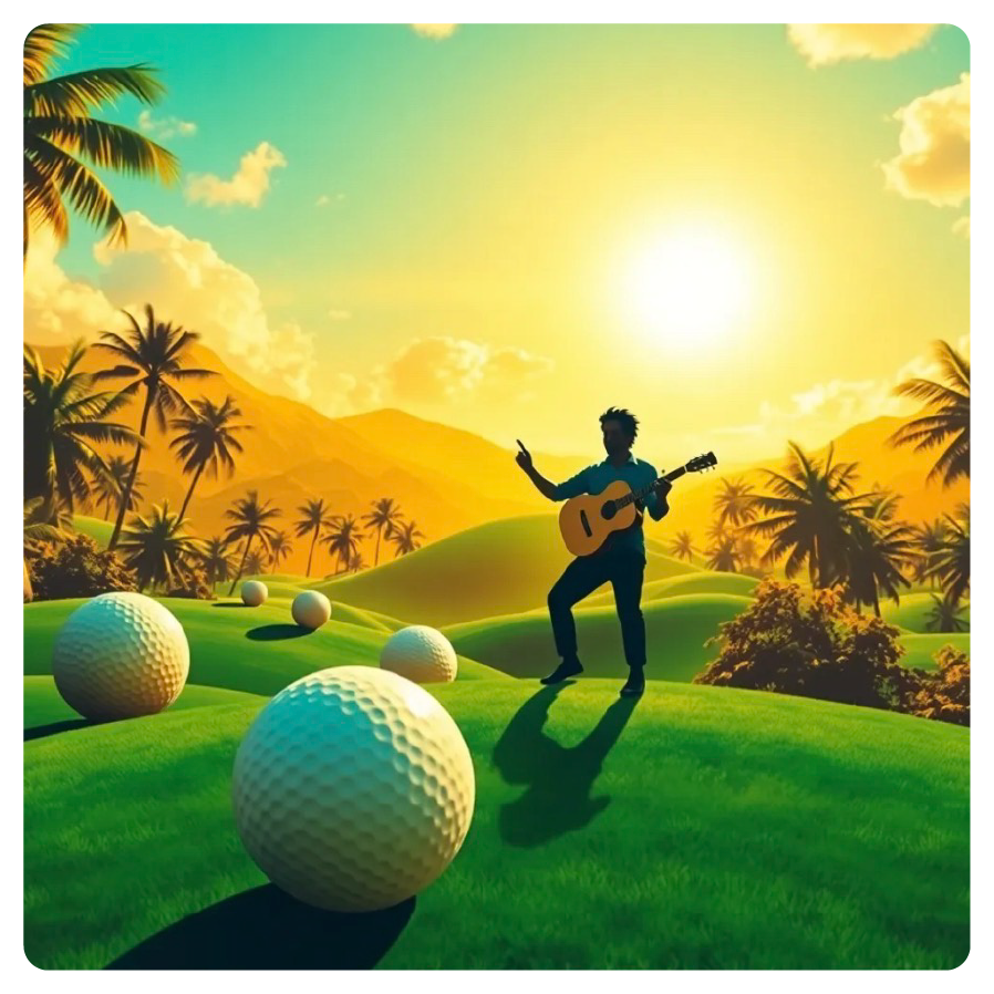 A person playing guitar on a green golf course with giant golf balls, palm trees, and mountains, during a colorful sunset.