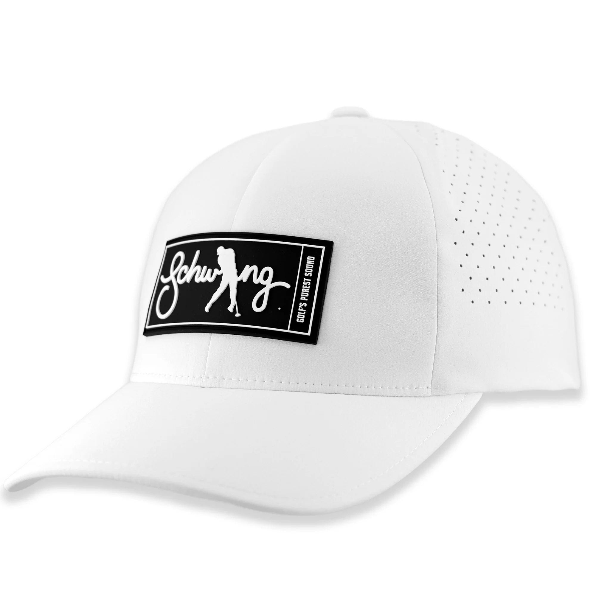 White Schwing Golf performance hat in a 3/4 angled view, featuring a raised PVC patch with 'Schwing' in script lettering and breathable side vents