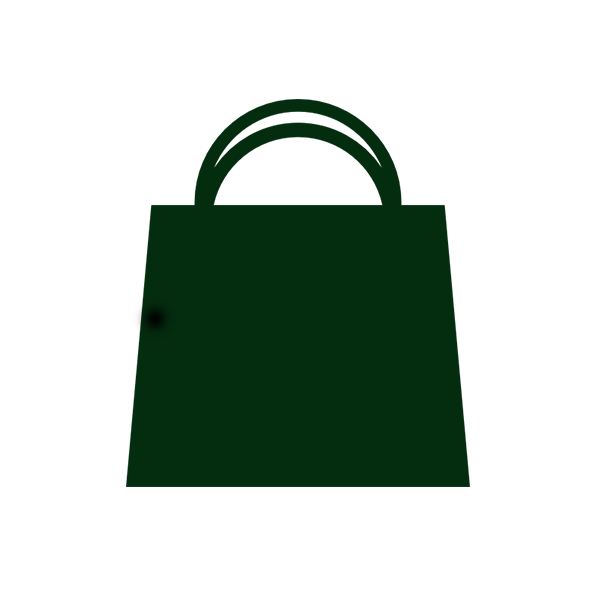 Green shopping bag icon with handles on a white background.