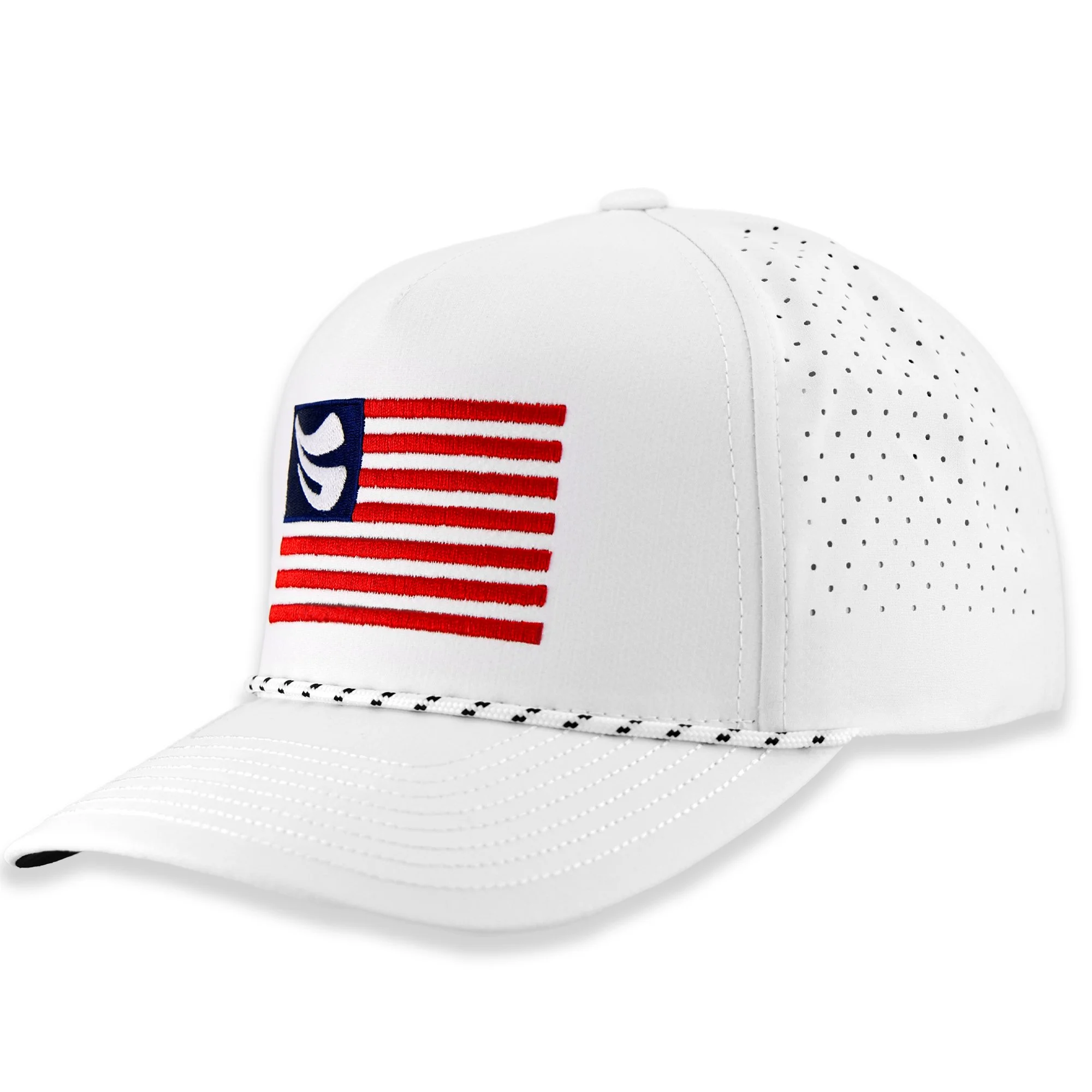 Schwing Golf American Flag Patch Hat - White Baseball Cap with Black and White Braided Trim