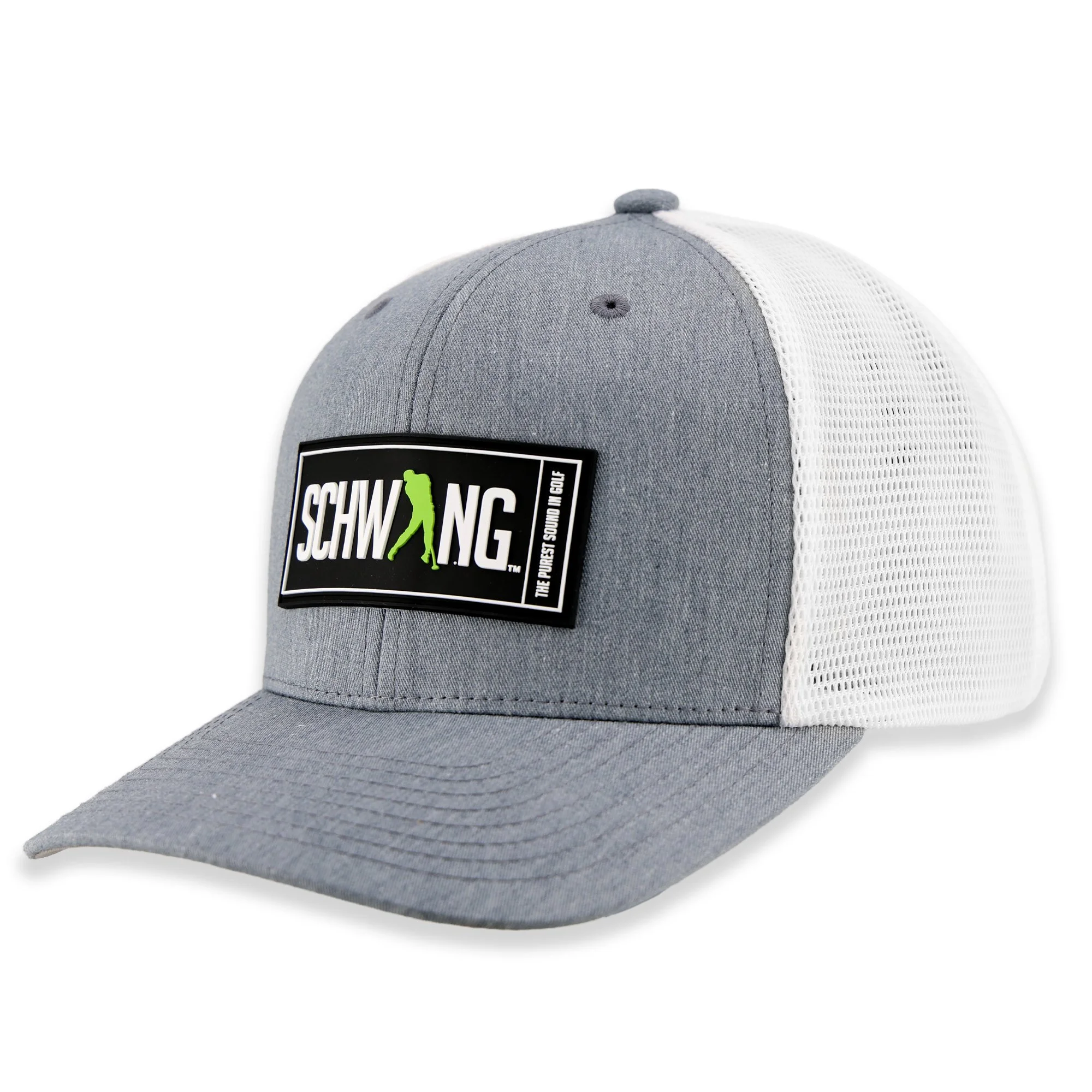 Gray and white trucker hat with a black Schwing Golf logo patch, mesh back, and curved brim.