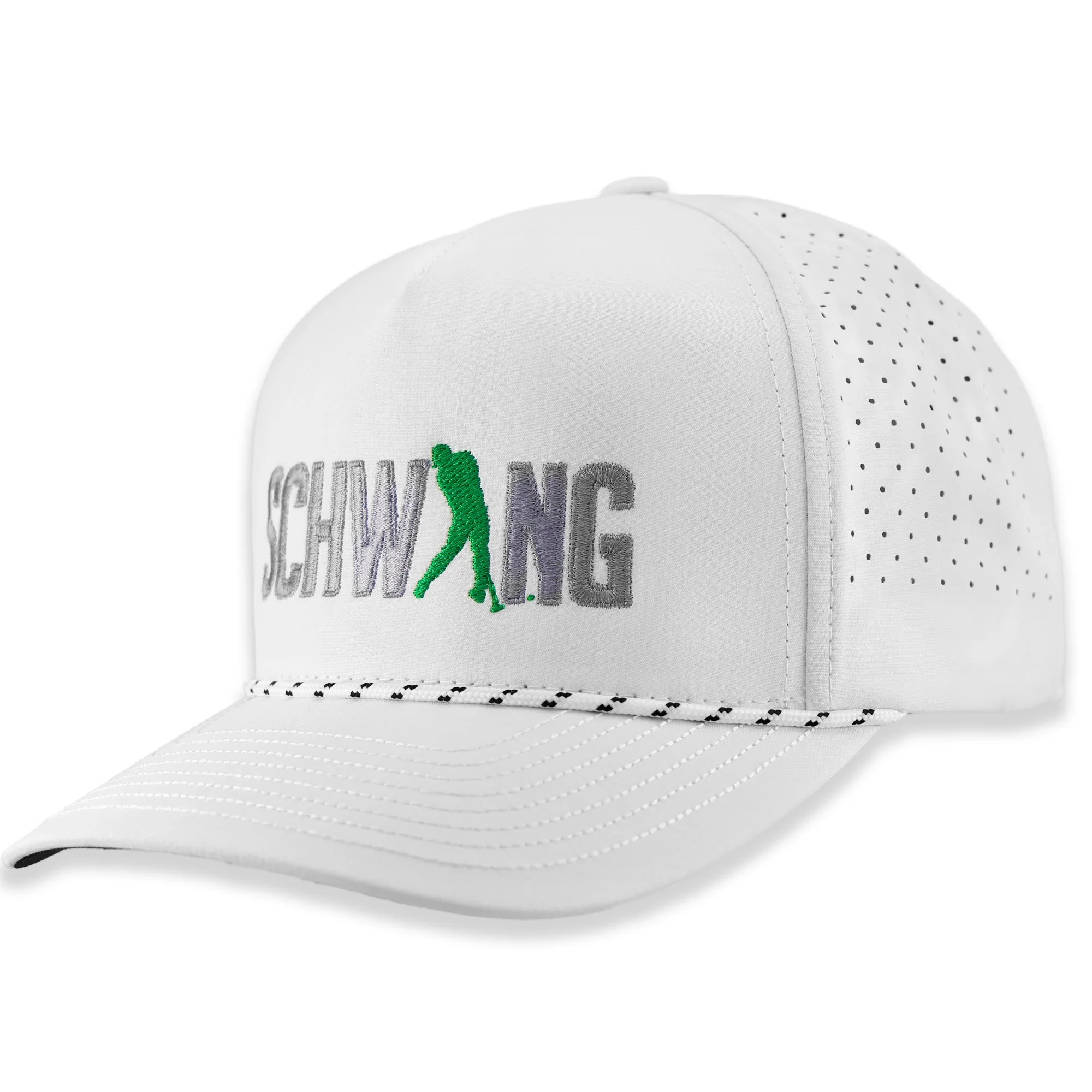 white golfer cap with embroidered logo and a golfer silhouette in the center.