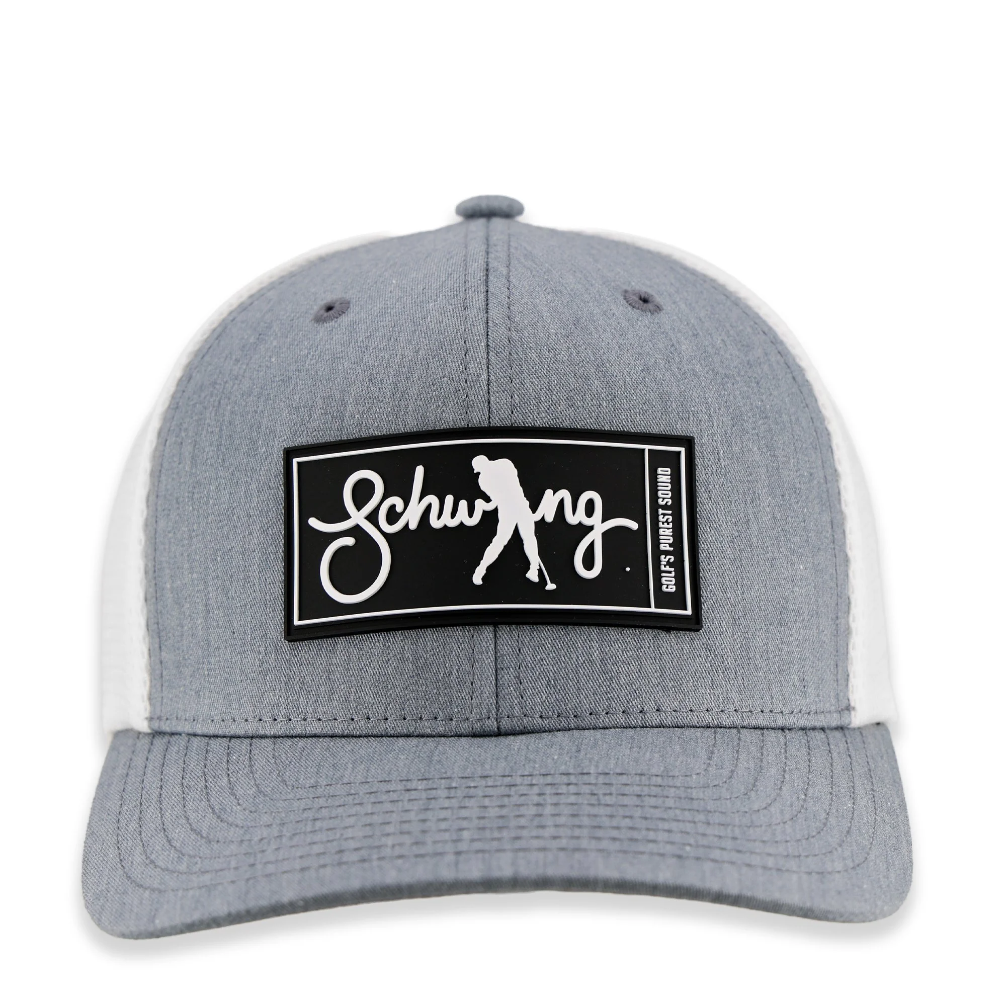 Heathered grey Schwing Double-Shot 110 Script Edition golf cap, front view, featuring the custom black and white 3D PVC script patch centered on the crown