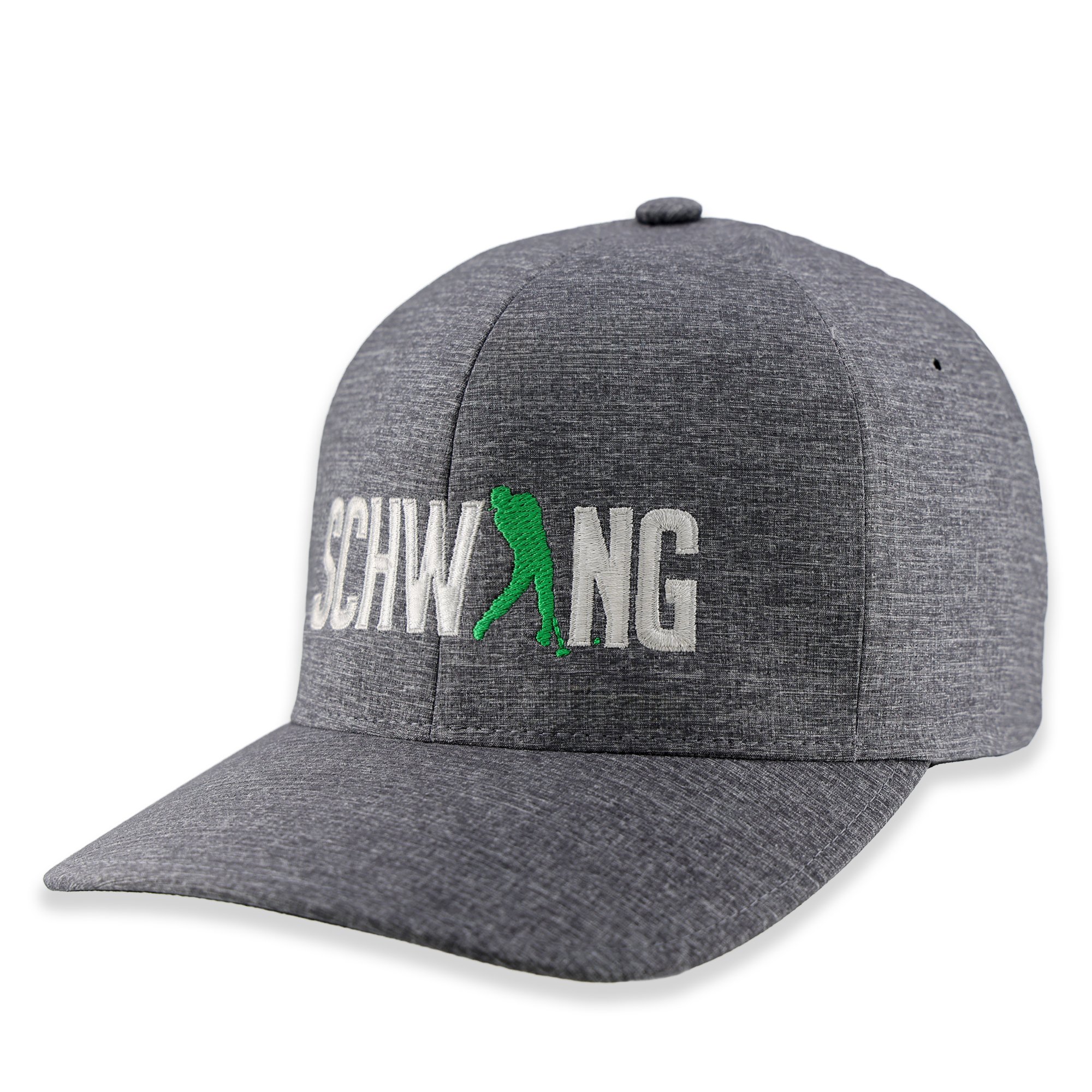 Gray golfer cap with embroidered logo SCHWING with a green golfer inside the text.
