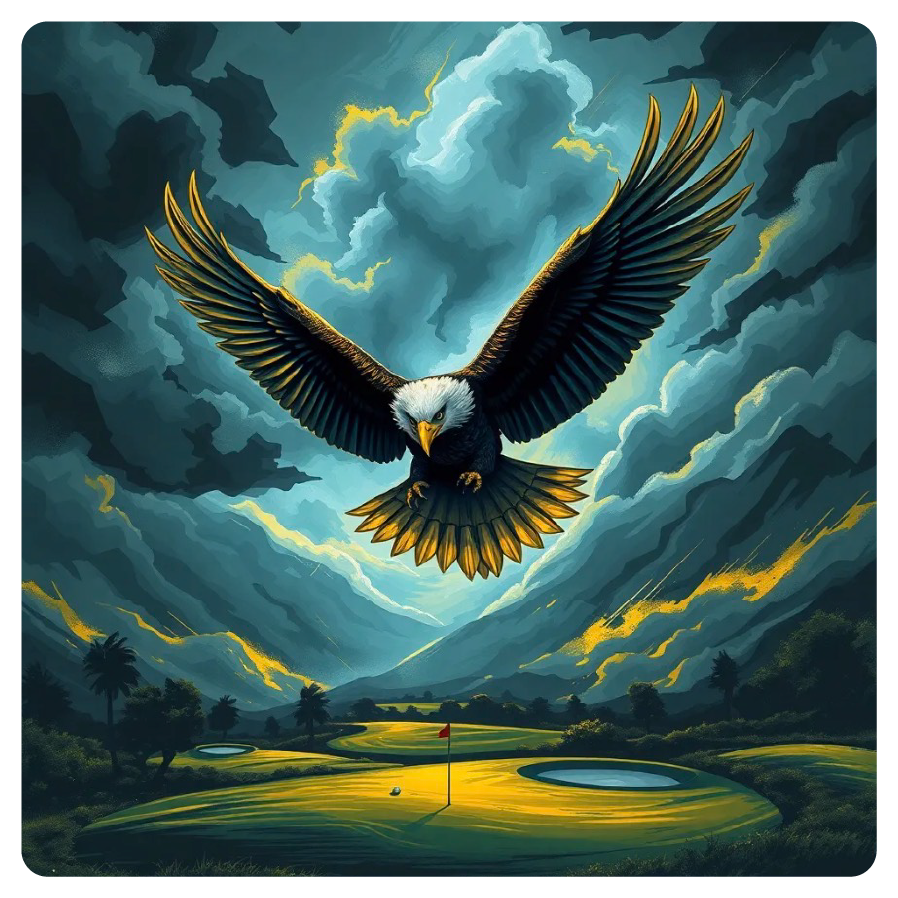 A stylized digital artwork of a bald eagle flying over a golf course with mountains and stormy clouds in the background.