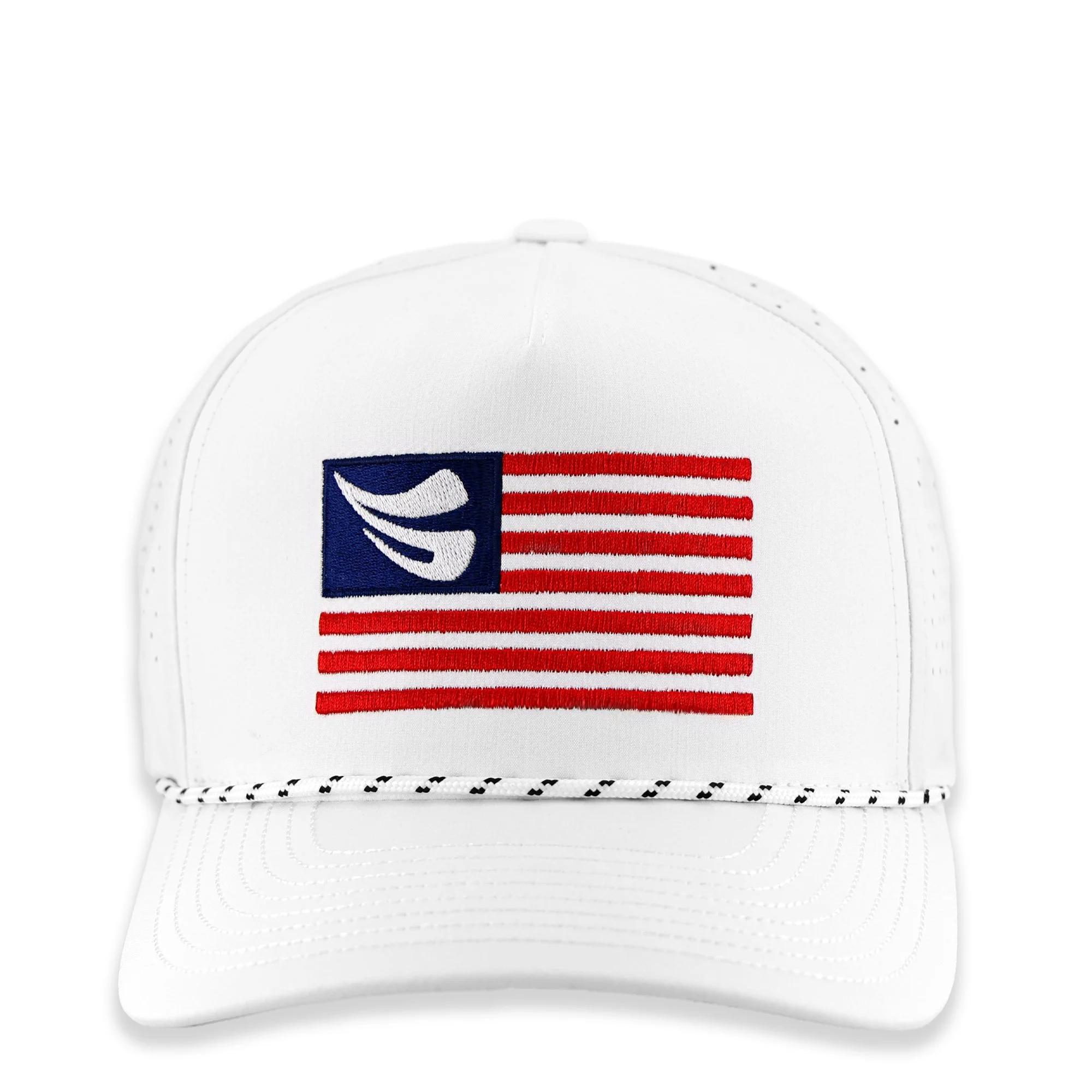 White Flexfit 5389BD America's 250th Celebration Schwing Golf Cap in a front view, featuring a patriotic rope design with a bold embroidered Schwing logo and premium breathable performance fabric.