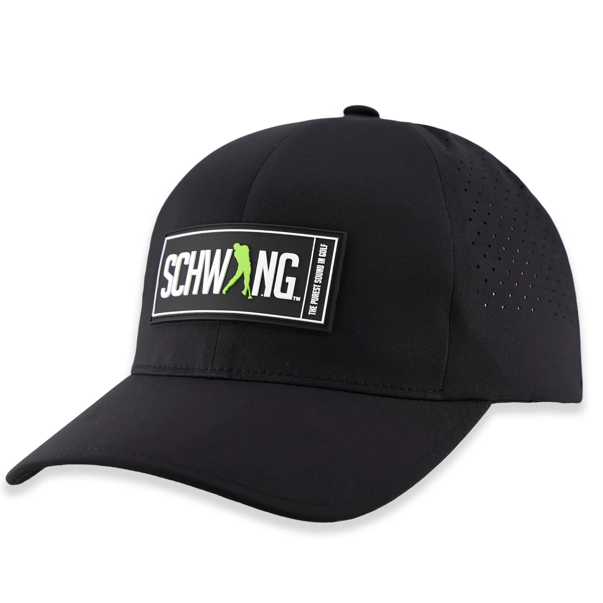 Schwing Golf Black Flexfit Vent Snapback Cap with PVC Logo - 3/4 side view of premium breathable golf headwear