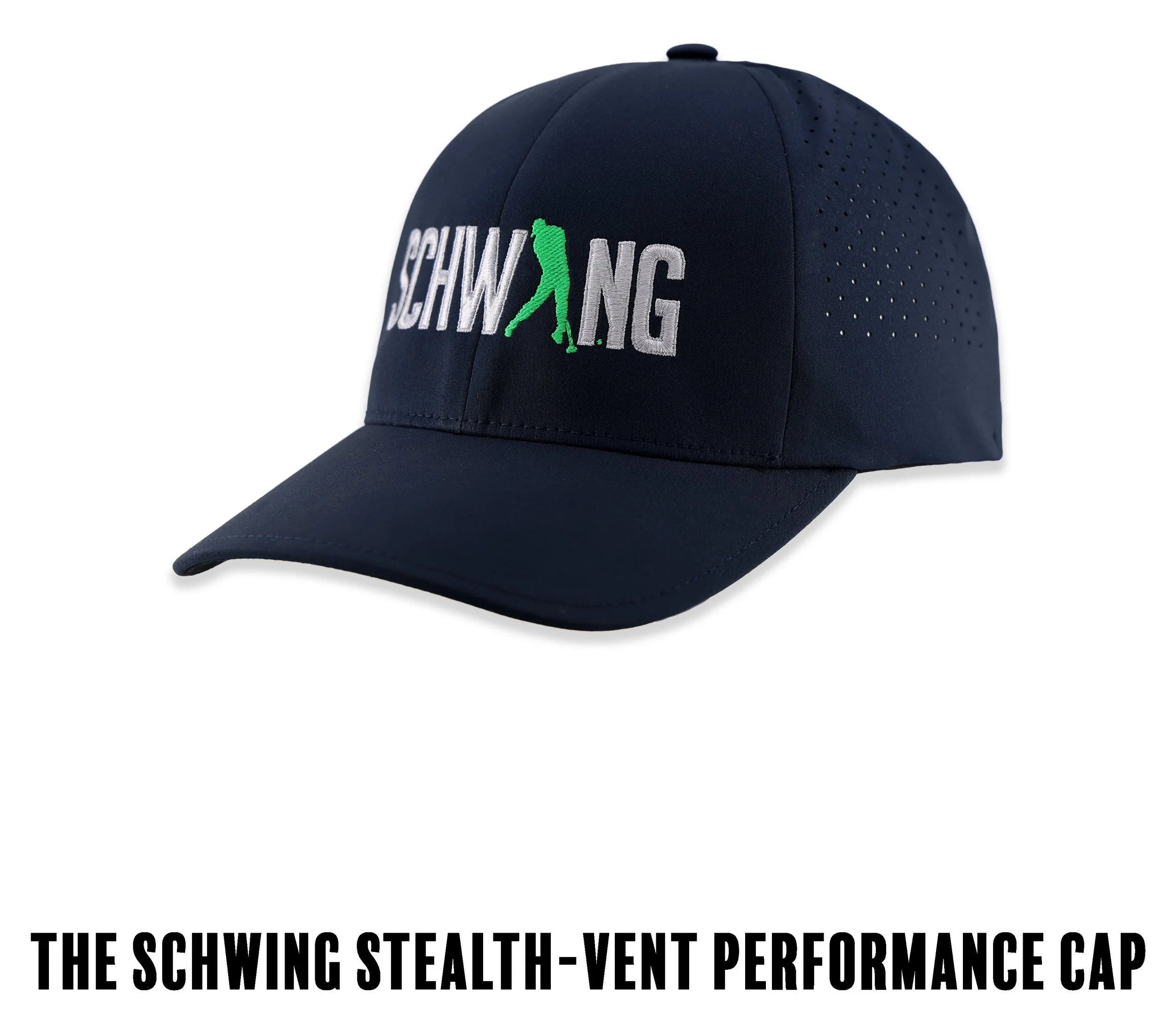 A navy blue baseball cap with embroidered white and green text that reads "THE SCHWING" and features a silhouette of a golfer swinging a club. The cap has a curved brim and perforated sides for ventilation.