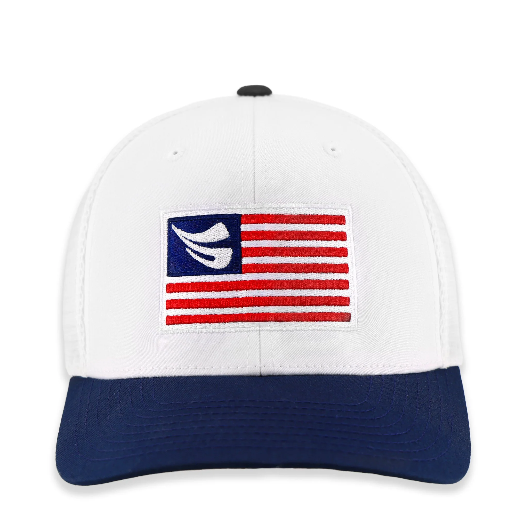 White Flexfit 110M America's 250th Celebration Schwing Golf Cap in a front view, featuring a patriotic design with a bold embroidered Schwing logo and breathable mesh back for maximum airflow.