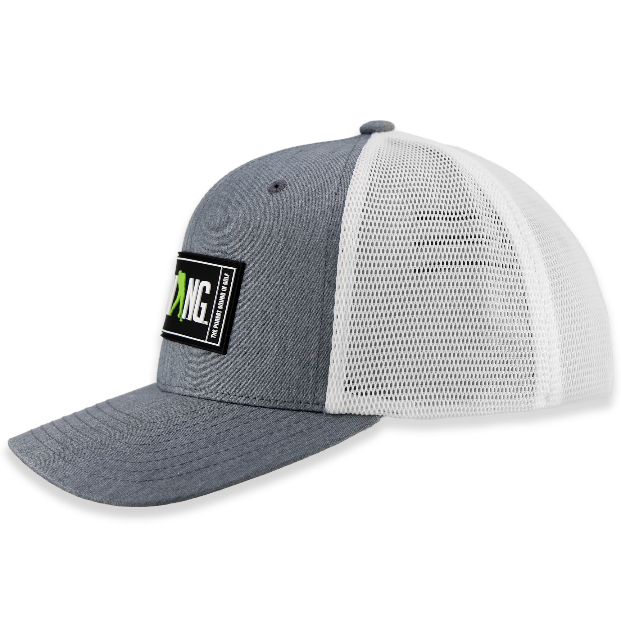 Schwing Golf's Purest Sound Double-Shot 110 heathered grey and white mesh golf cap, side view, showcasing the breathable performance mesh side panels