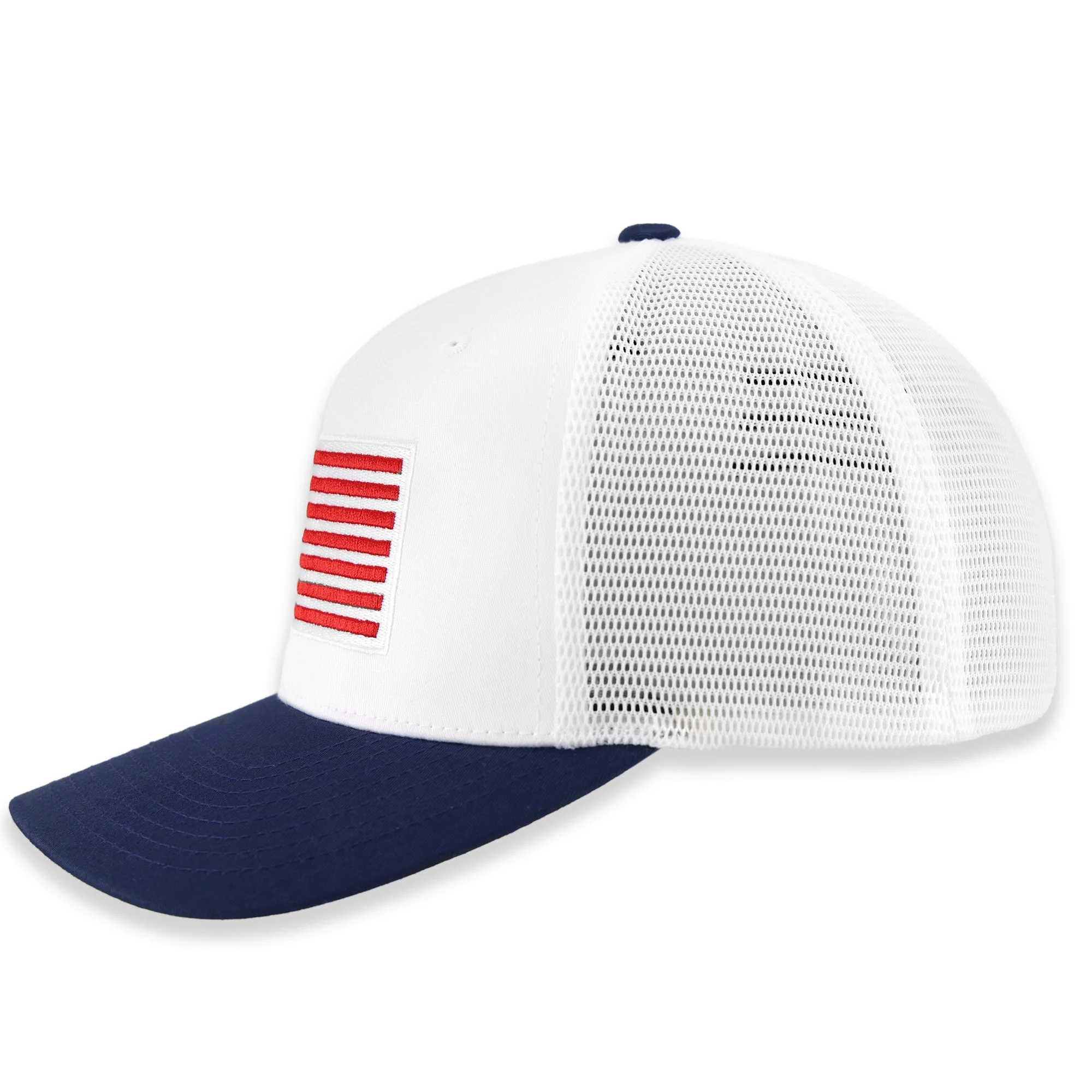 White Flexfit 110 Mesh America's 250th Celebration Schwing Golf Cap in a side profile view, highlighting the breathable mesh panels and the signature Flexfit 110 tech for a perfect fit.