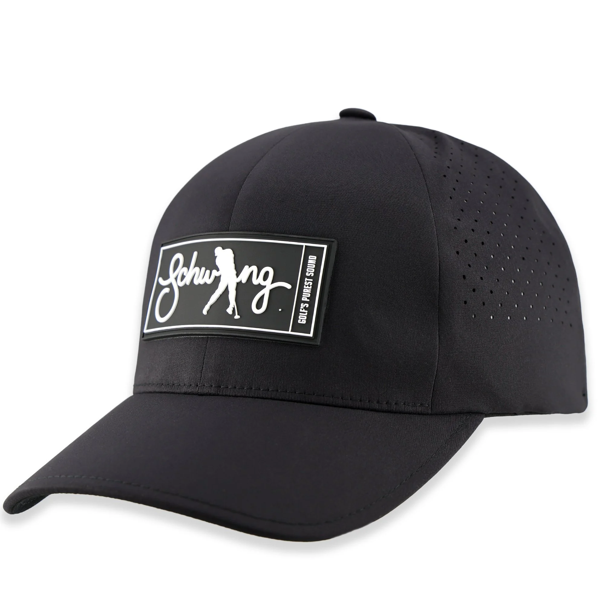 Black Schwing Golf performance hat in a 3/4 angled view, featuring a raised PVC patch with 'Schwing' written in white script and breathable side vents