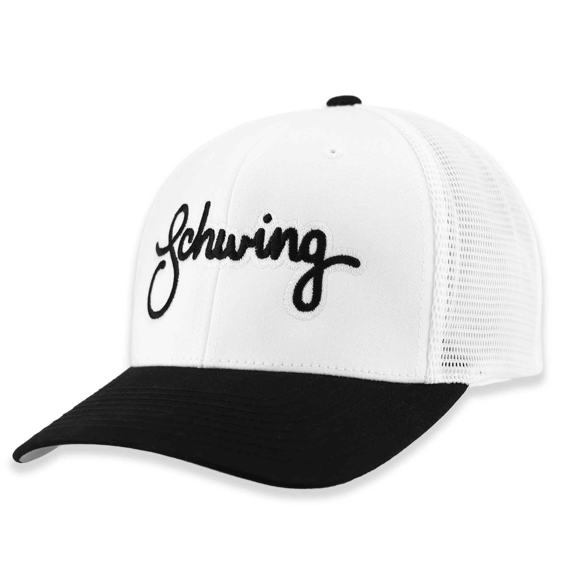 Close-up of a white and black trucker hat with black embroidered text reading 'Schwing' on the front panel.