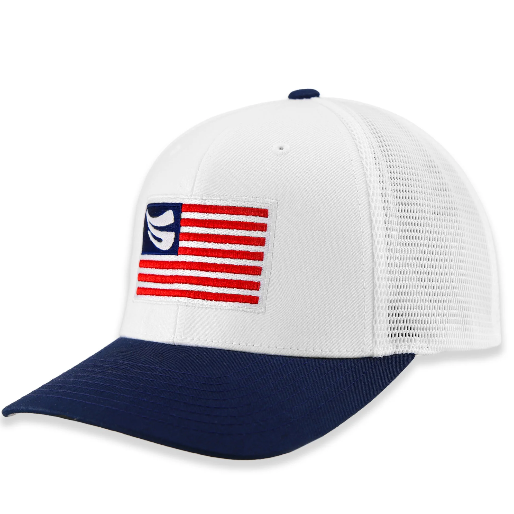 White Flexfit 110M America's 250th Celebration Schwing Golf Cap in a 3/4 angled view, featuring the structured front with the embroidered Schwing logo and premium mesh performance fabric.