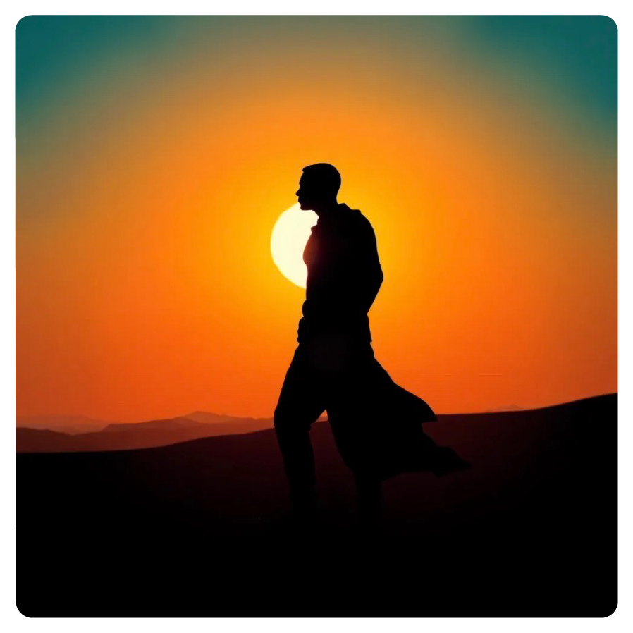 Silhouette of a man walking outdoors during sunset, with a colorful sky and the sun in the background.