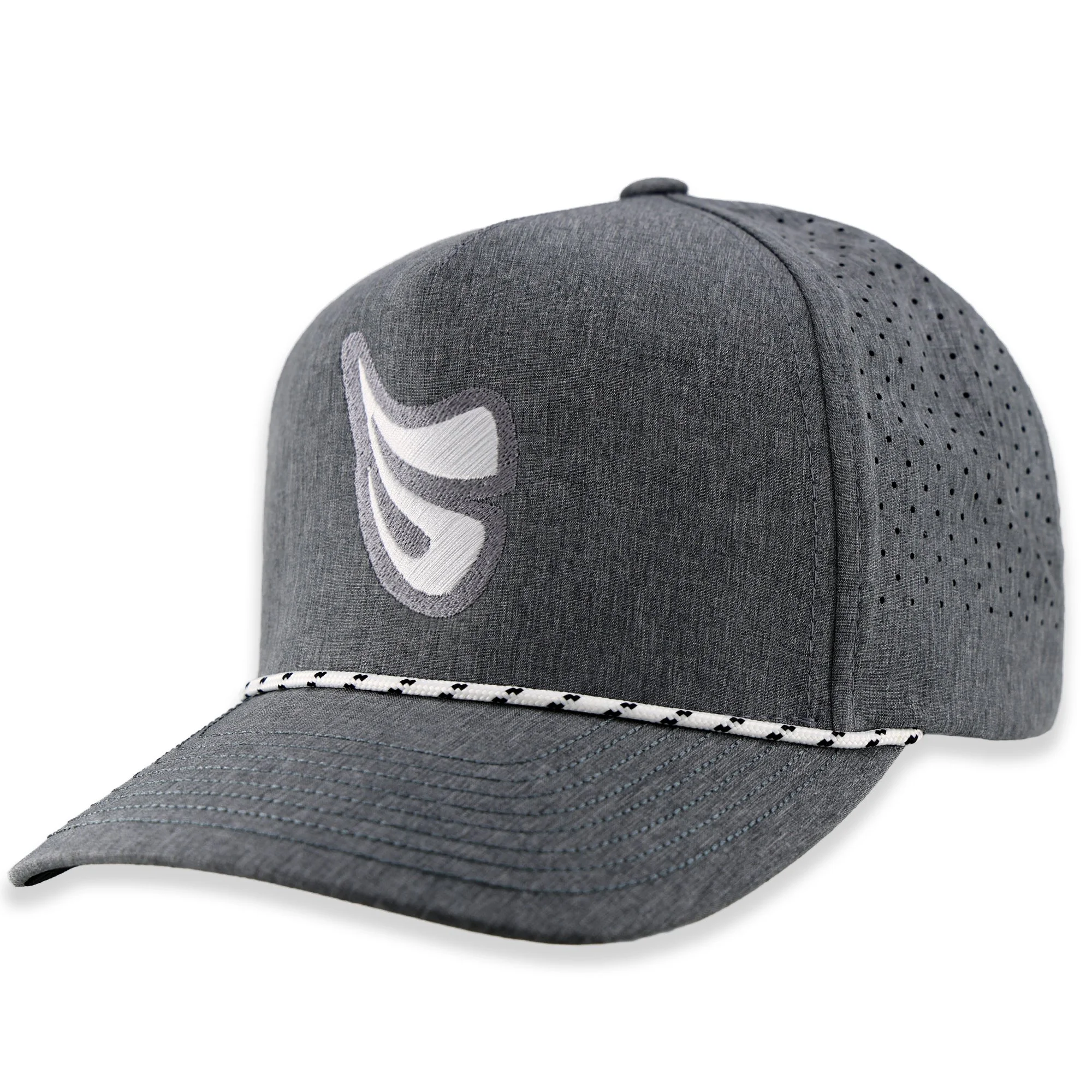 Heather gray Flexfit rope golf hat in a 3/4 angled view, featuring a white braided rope across the bill and the Schwing 'S' logo embroidered in white.