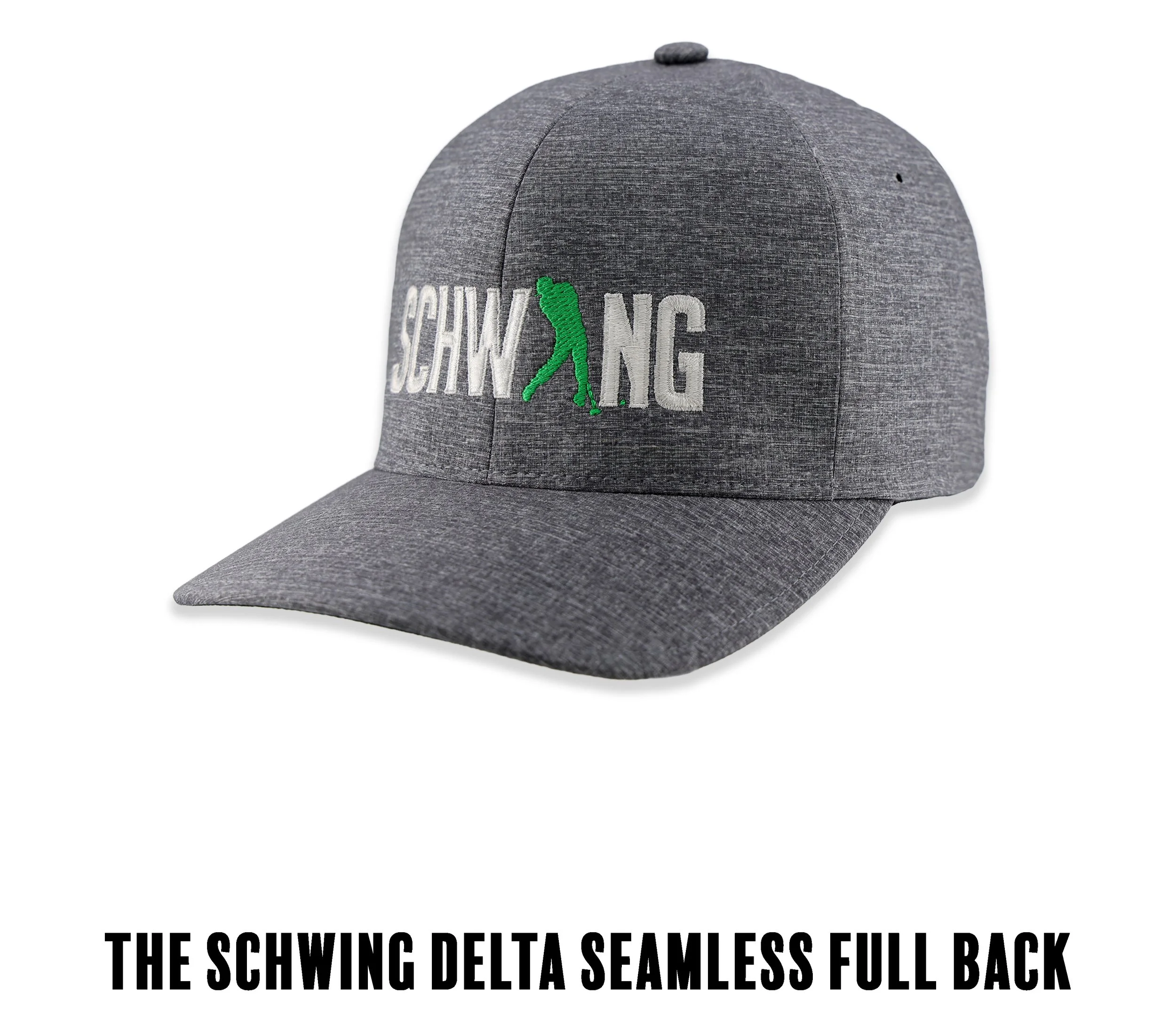 A gray Seamed full back baseball cap with embroidered text 'SCHWING' and a green golfer silhouette in the center.