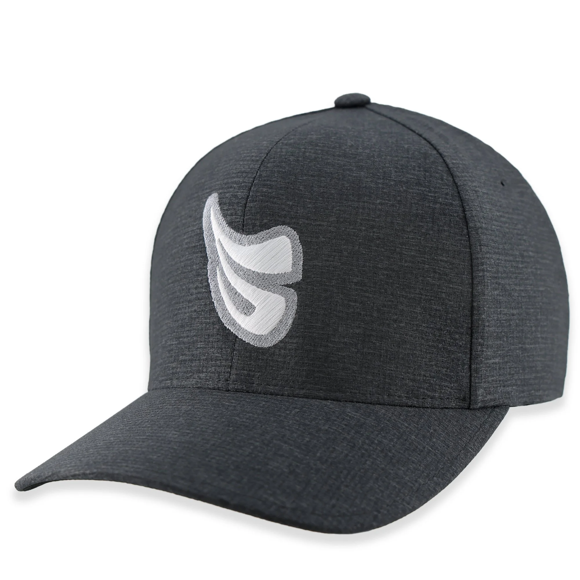 Dark heather grey Flexfit fullback golf hat in a 3/4 angled view, featuring a white Schwing 'S' logo with a light grey border embroidered on the front.