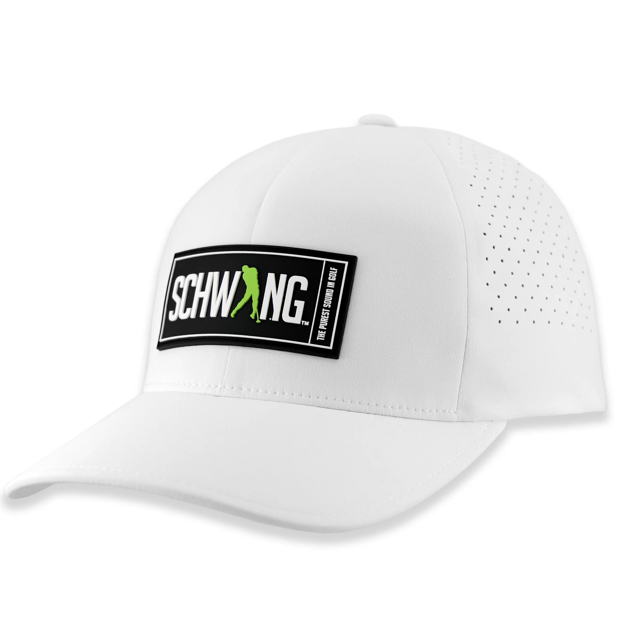 Schwing Golf Flexfit White Vent Snapback Cap with PVC Logo – 3/4 side view of premium breathable golf headwear