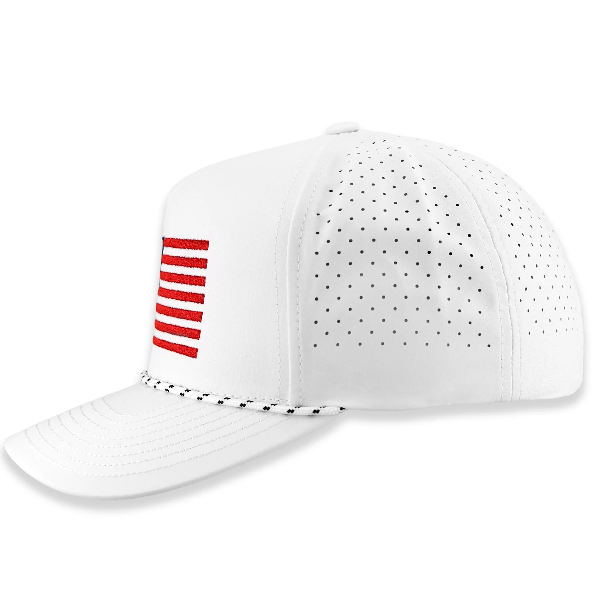 White Flexfit 5389BD America's 250th Celebration Schwing Golf Cap in a side profile view, highlighting the classic vintage rope detail and structured crown made from high-quality performance material