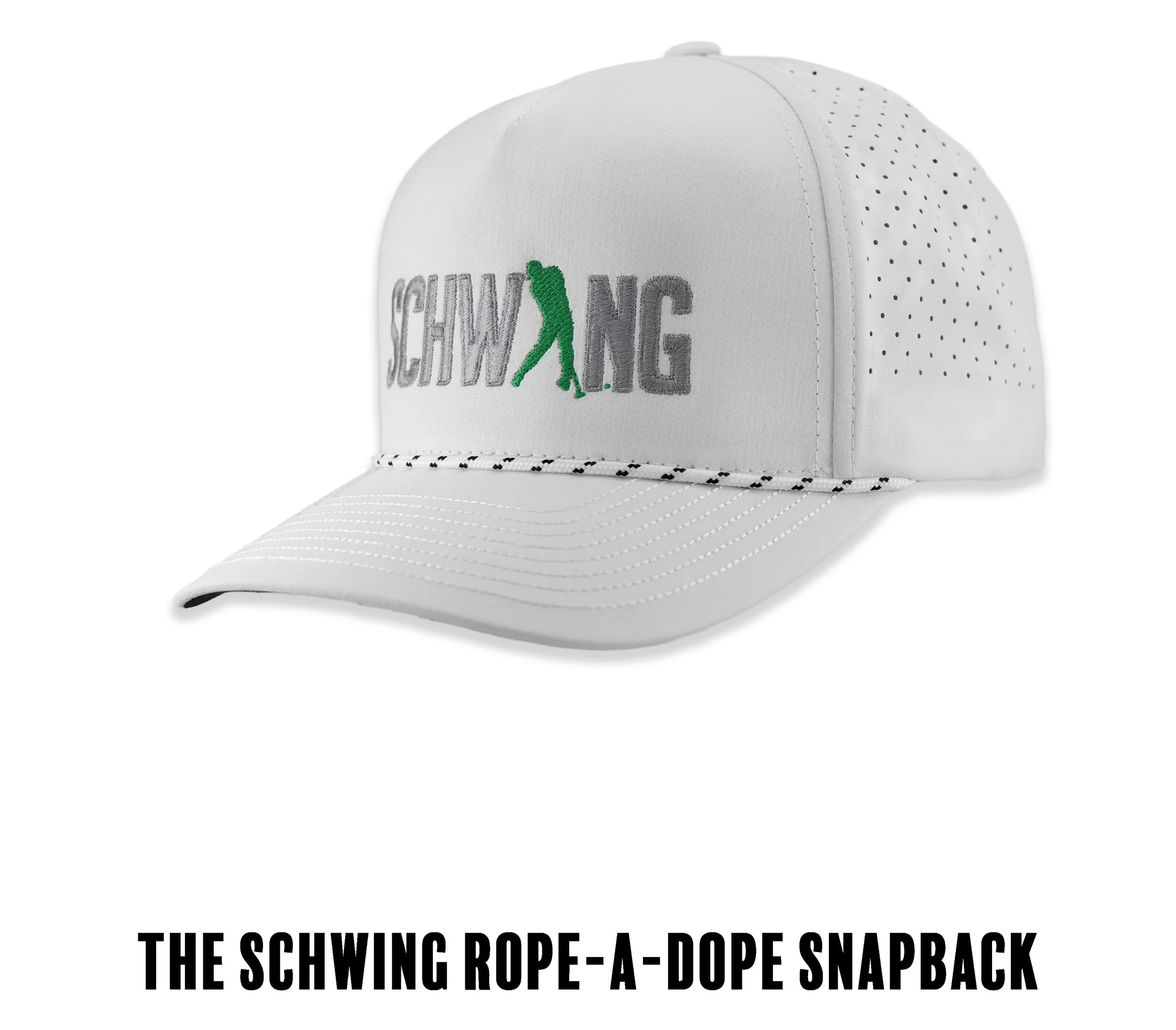 A white snapback cap with the word "SCHWING" embroidered on the front, featuring a green golfer silhouette replacing the letter "I." The cap has a curved brim and perforated side panels. Text below the cap reads "THE SCHWING ROPE-A-DOPE SNAPBACK."