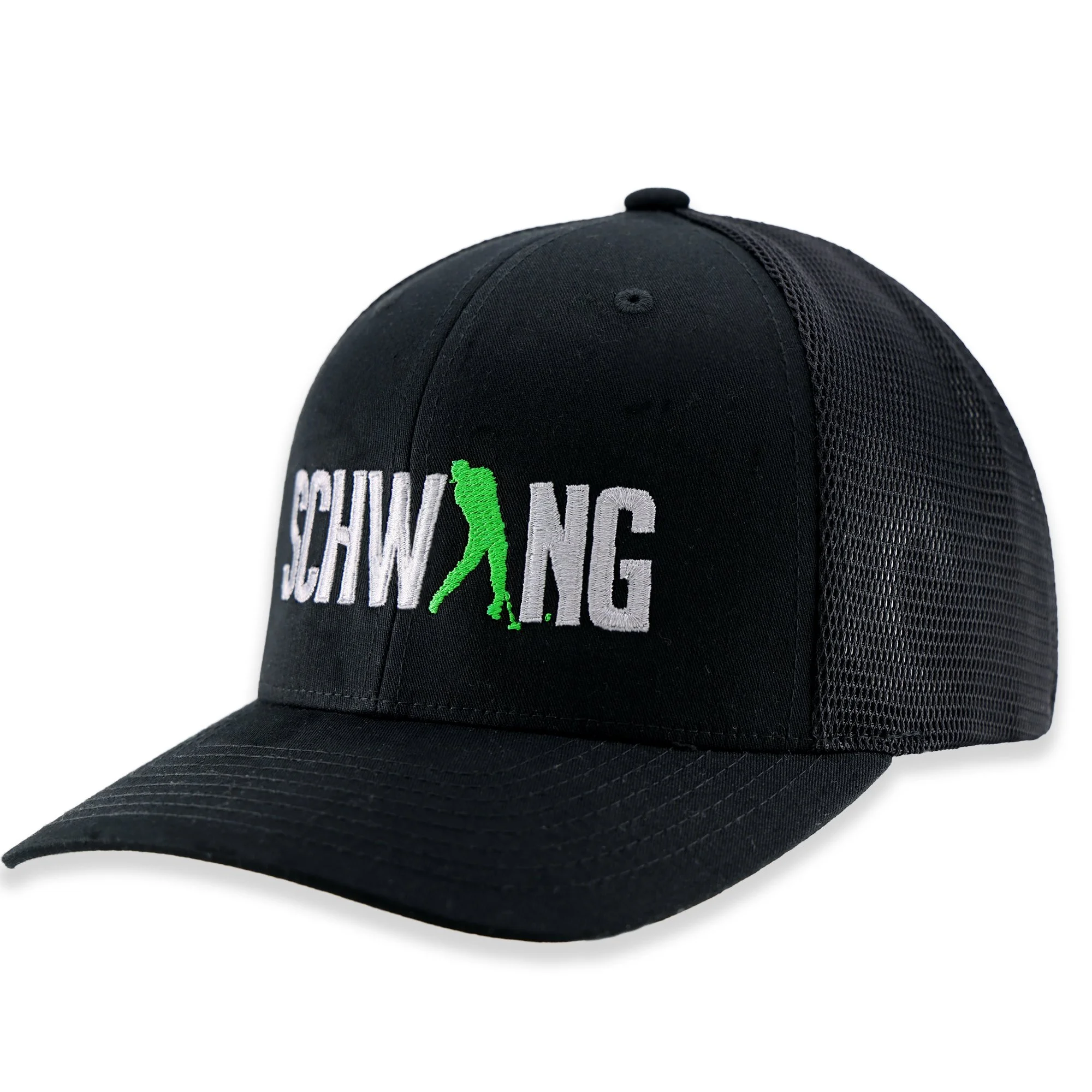 Black golfer cap with embroidered Logo. The embroidery reads 'SCHWING' with a green golfer replacing the 'I'.