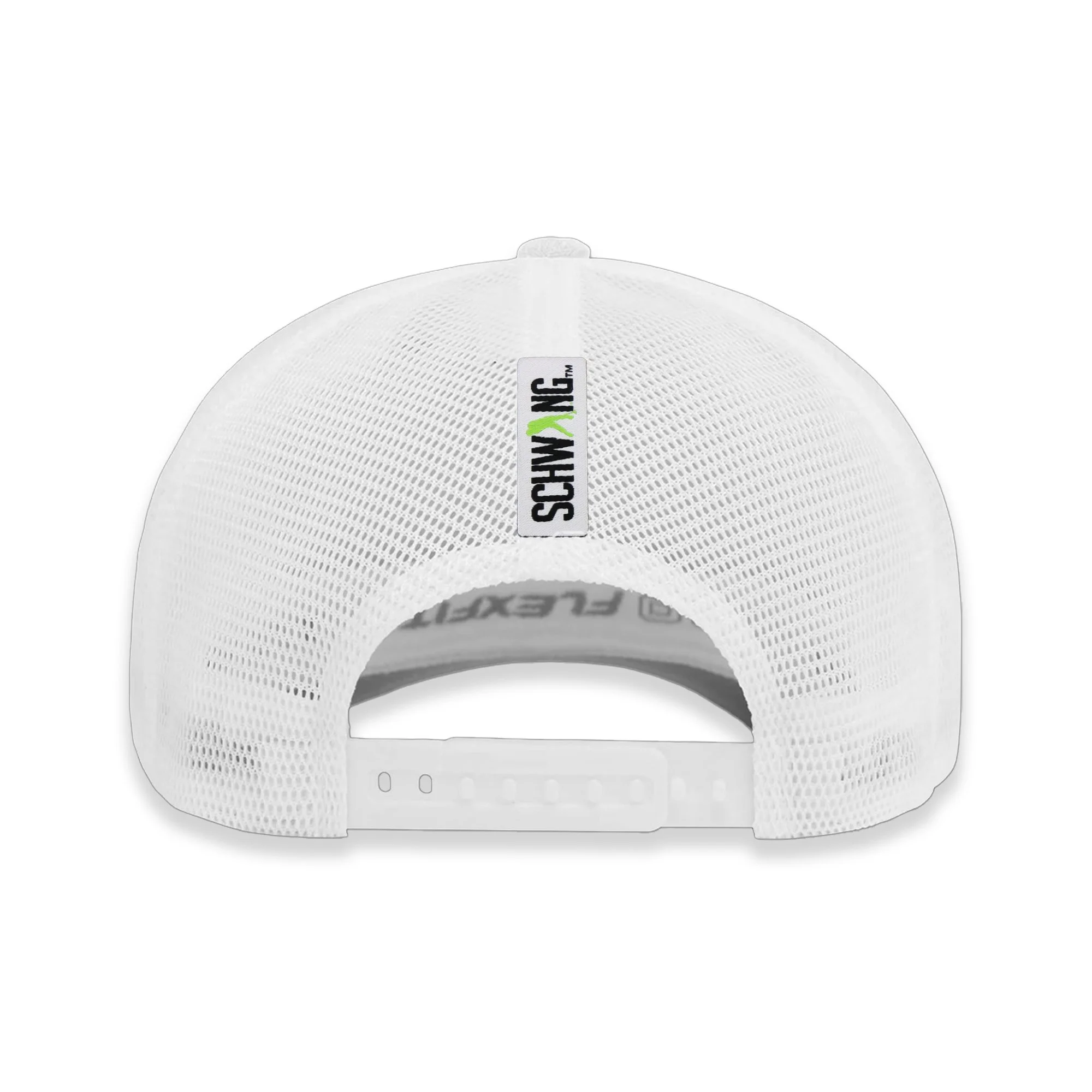 White Flexfit 110M America's 250th Celebration Schwing Golf Cap in a rear view, showing the adjustable snapback and high-quality mesh construction.