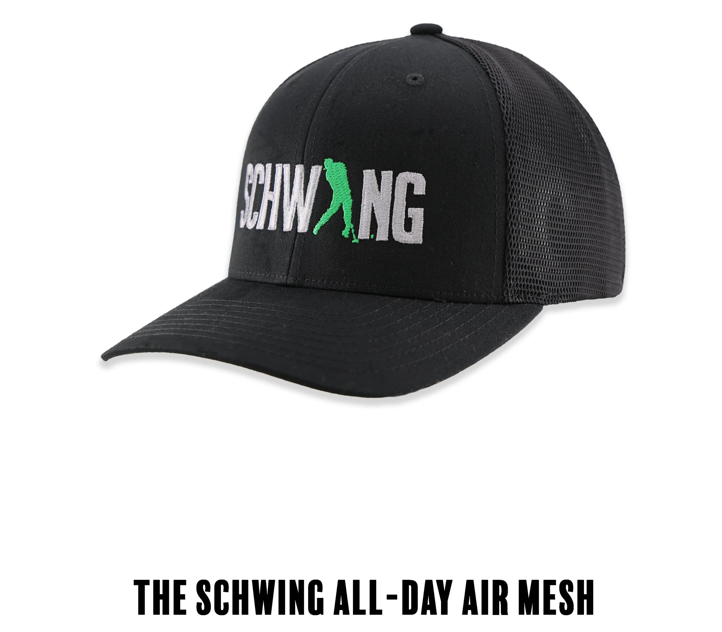 Black baseball cap with embroidered design including the text 'SCHWING' with a green golfer silhouette in the middle, and additionally description 'The Schwing All-Day Air Mesh' below the image.