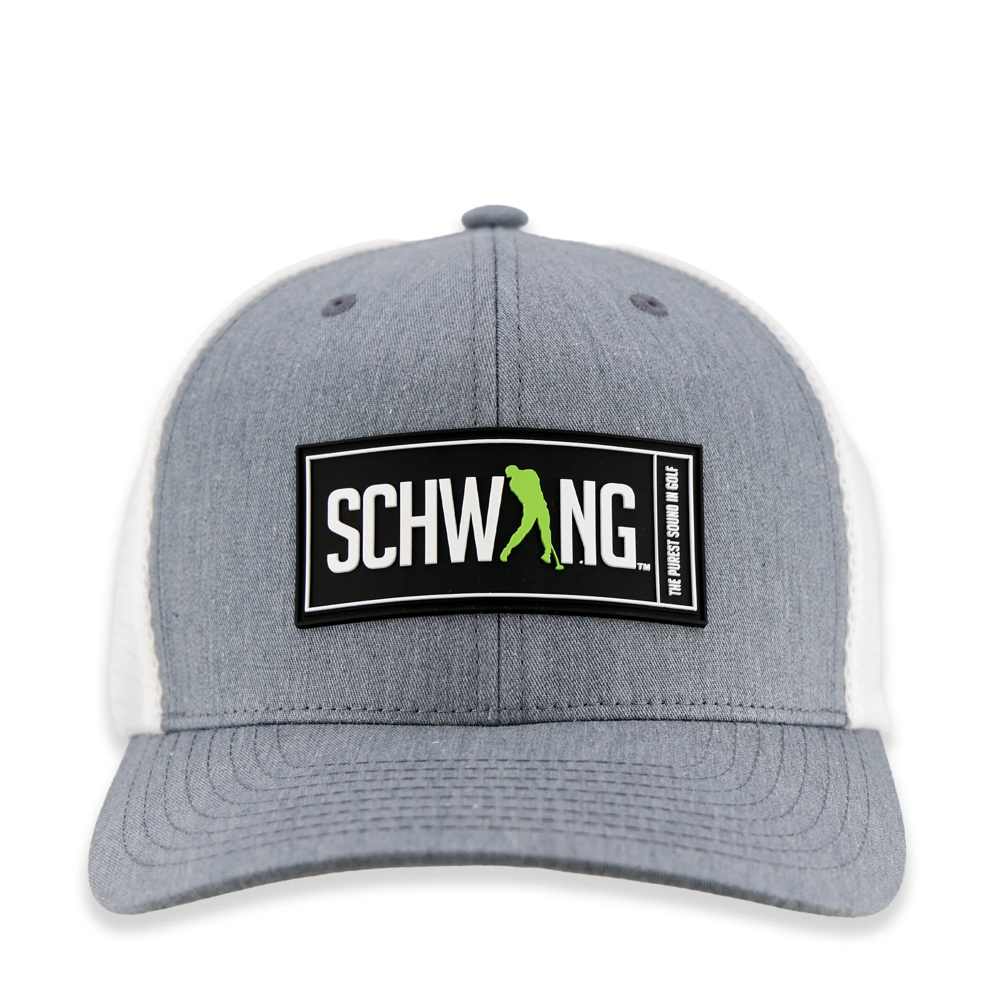 Schwing Golf's Purest Sound Double-Shot 110 performance golf cap, front view, showing the structured crown and branded patch