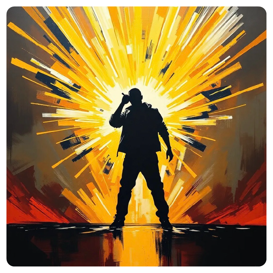 Silhouette of a person standing with one hand near their head, backlit by a bright explosion of yellow and orange streaks radiating outward.