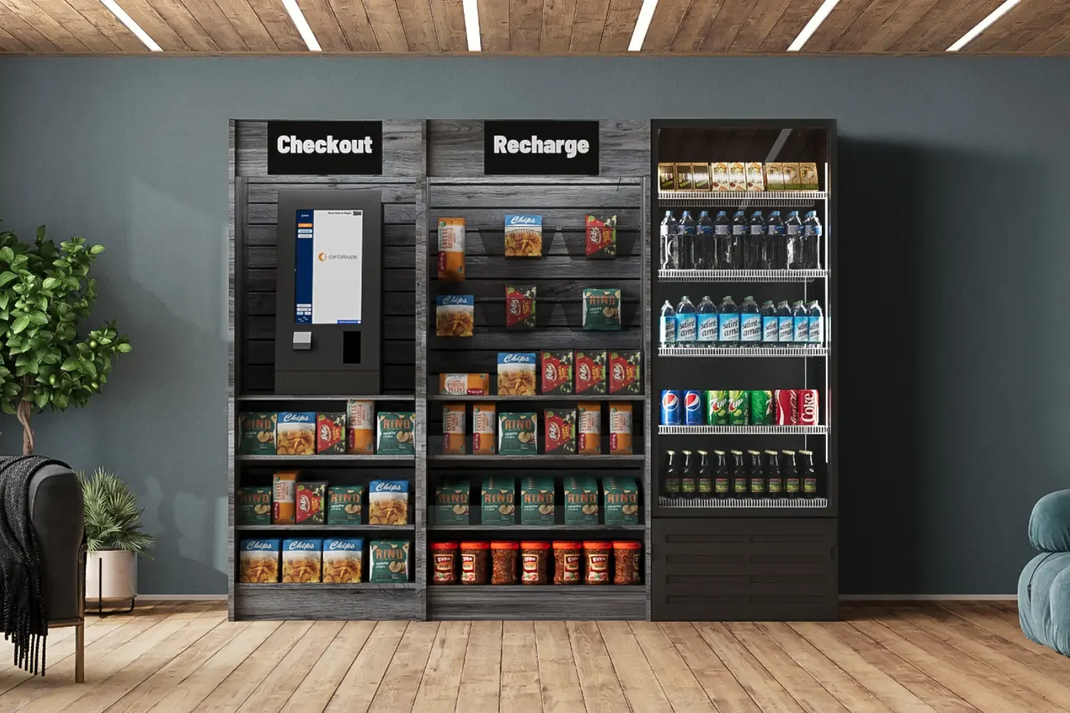 Vending machines for checkout and recharge in a modern lounge with wood flooring and a sofa.
