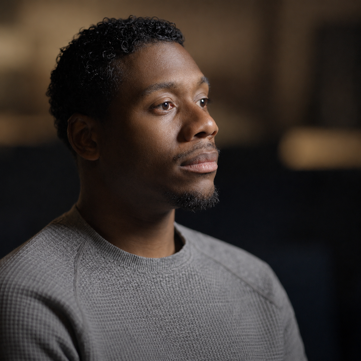 A young man with dark curly hair and a short beard looking to the right, wearing a gray textured shirt, in a softly lit indoor setting.