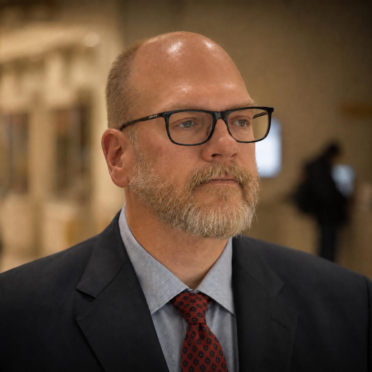 A middle-aged man with a beard wearing glasses, a suit, and a tie, standing in an indoor setting with blurred background figures.