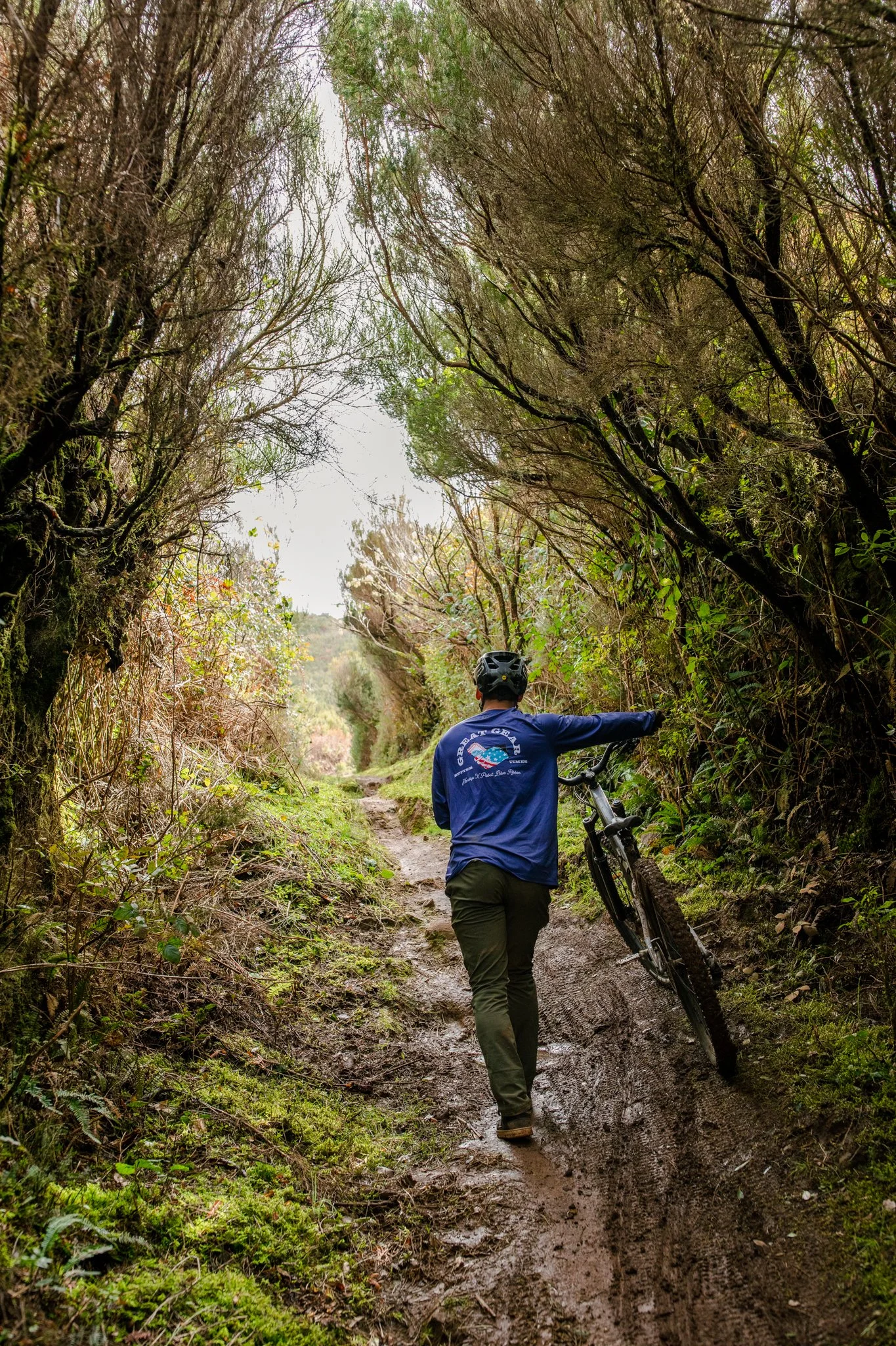 Person in a blue jacket and helmet walking a mountain bike through a muddy forest trail surrounded by trees.