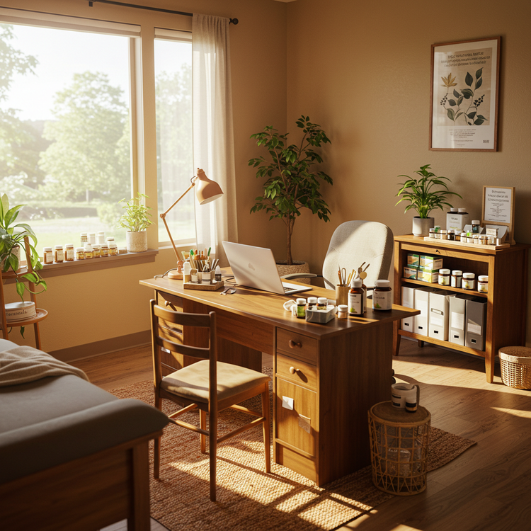 Naturopathic consultation setup with supplements and natural light