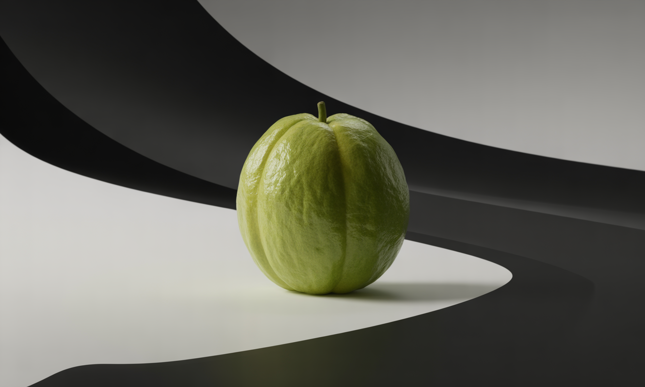 Green apple on a white surface with black arching structures in the background.