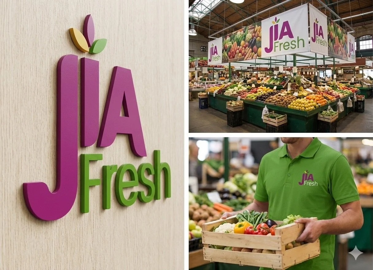 Images of a grocery store display and branding for JIA Fresh, showing fresh produce including vegetables and fruits, and a person holding a wooden crate of fresh vegetables.