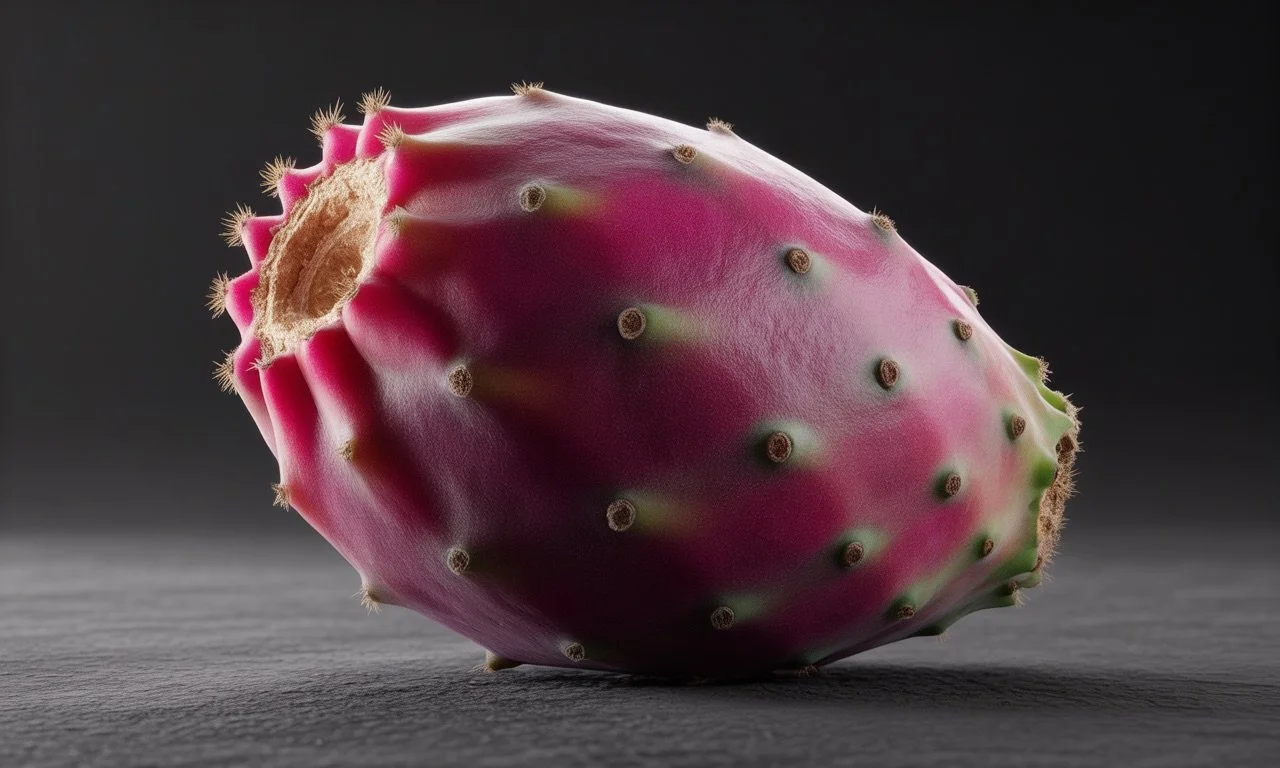 Close-up of a ripe pink prickly pear fruit with green accents on a dark background.