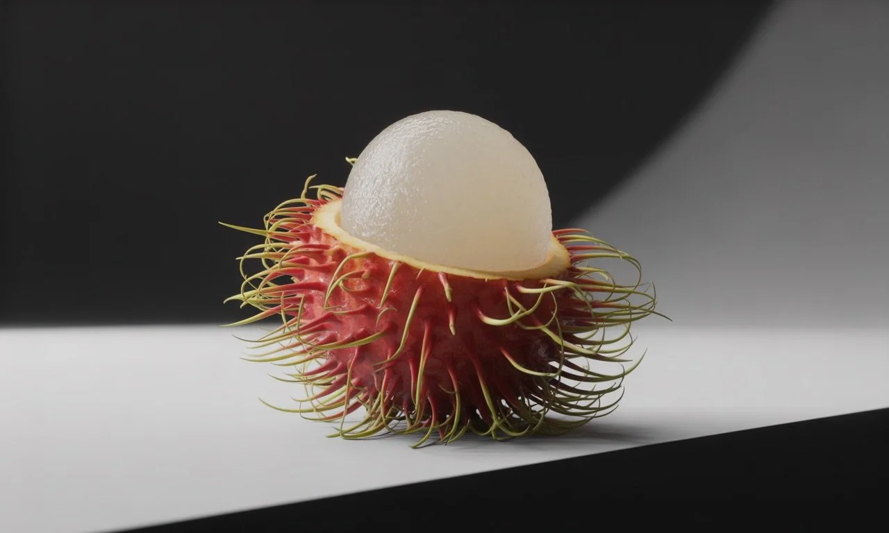 A lychee fruit with its outer shell partially peeled back, revealing the white, translucent flesh inside.