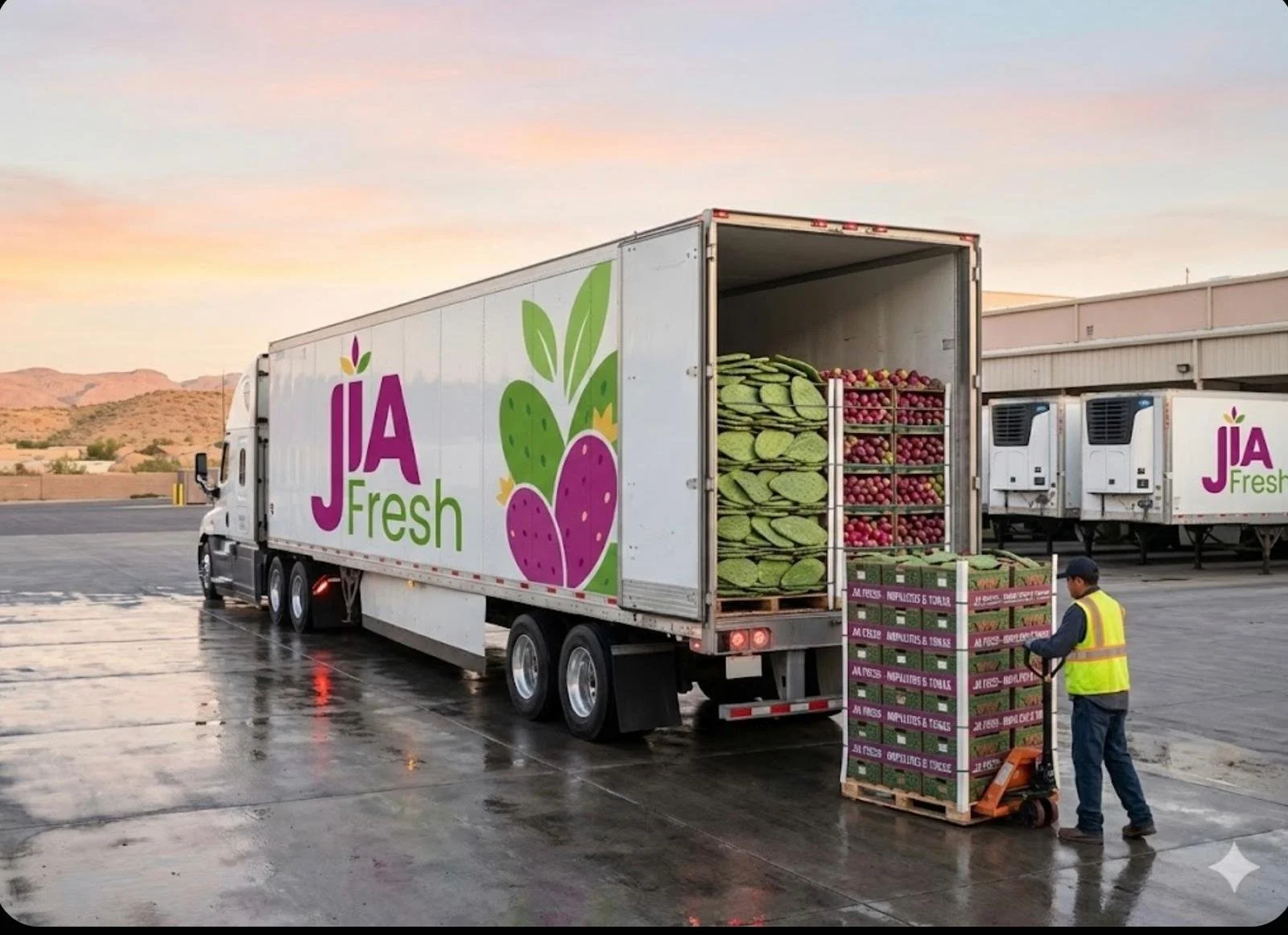 A JIA Fresh delivery truck parked at a loading dock with a man in a yellow safety vest unloading crates of produce, including watermelons and red apples, during sunset.