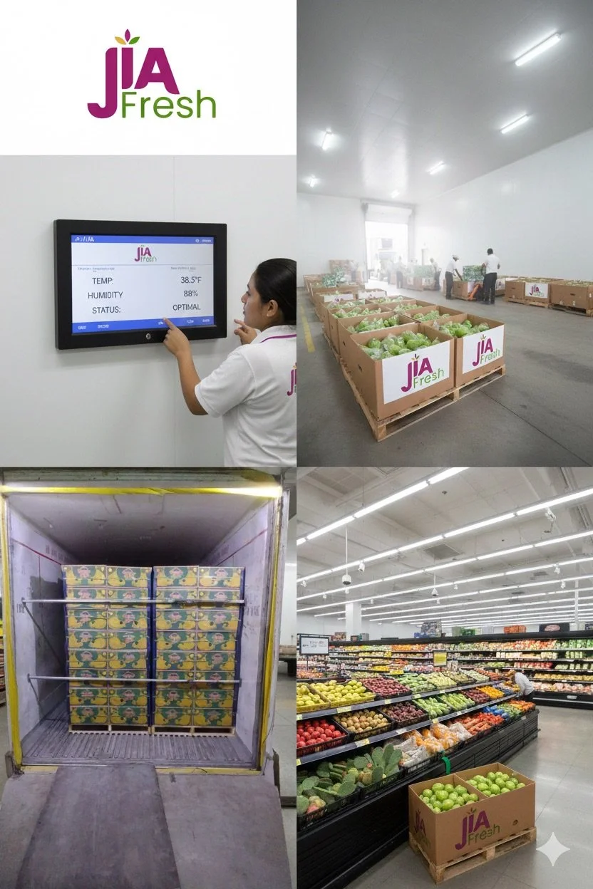 A supermarket with a logo that reads 'JIA Fresh' shown in different sections. Top left: a woman looking at a digital display showing temperature, humidity, and quality status. Top right: cardboard boxes with fresh produce in a bright warehouse. Bottom left: an open refrigerated display with stacked boxes. Bottom right: an aisle with fruits and vegetables and a box of limes on a pallet.