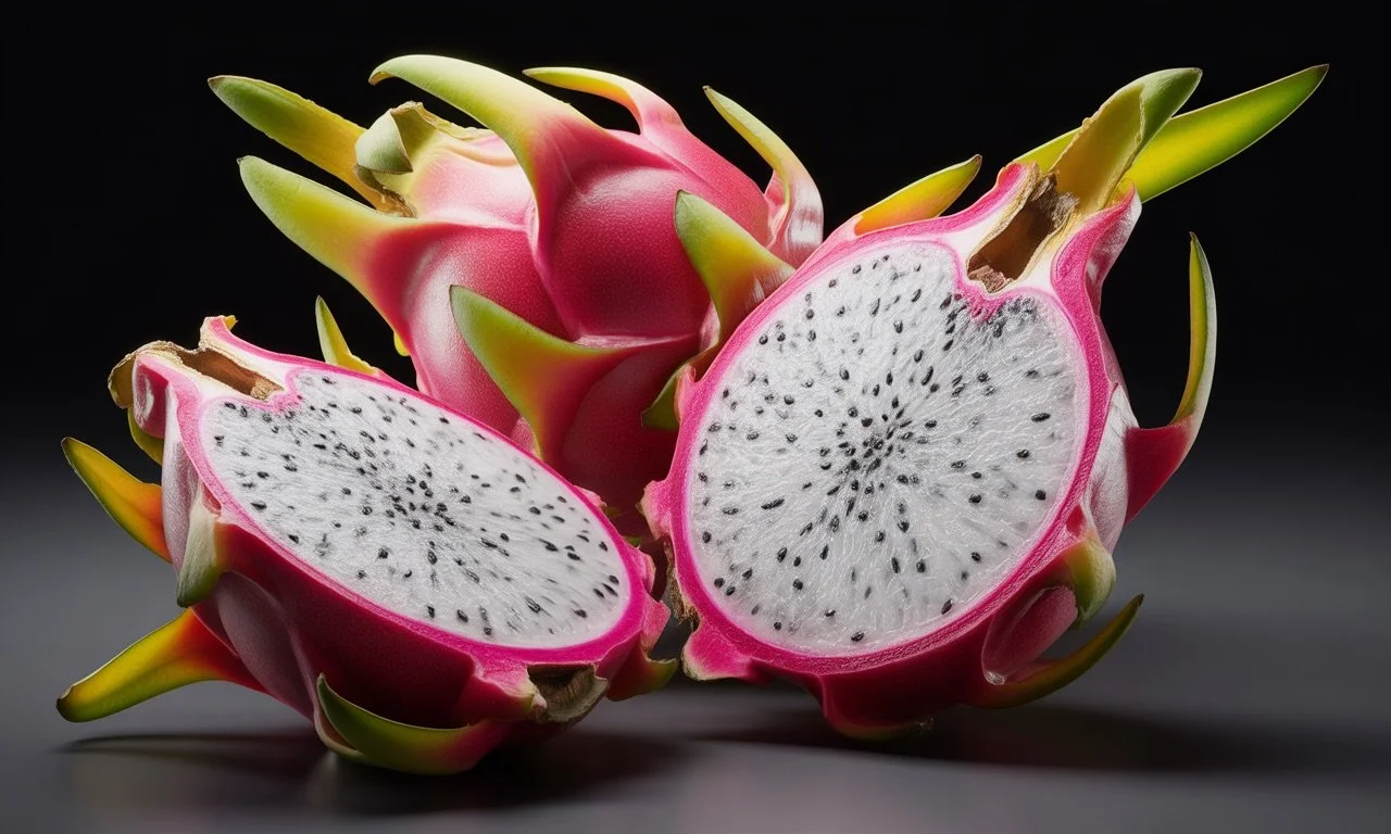 Whole and sliced dragon fruit on a dark background.